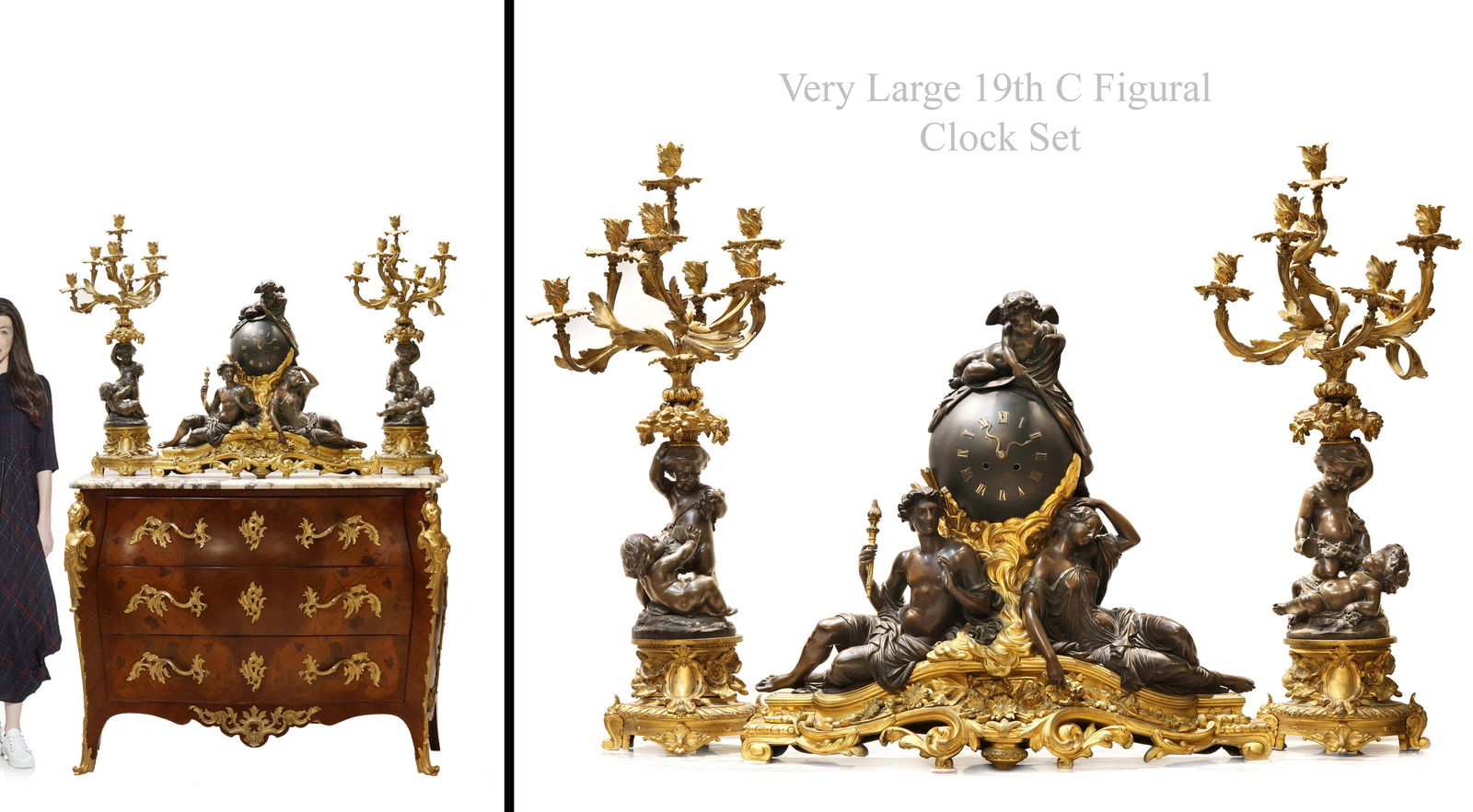 A Very Large 19th C. French Figural Patinated Bronze Clock set: A Very Large 19th C. French Figural Patinated Bronze Clock set. Note: The base is NOT included! Candelabras: H 34" x D 16", Clock: H 25.5" x 39" x 10"