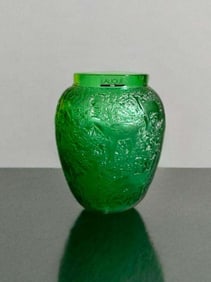 A French Lalique Green Art Glass Crystal Biches Pattern Vase, Signed