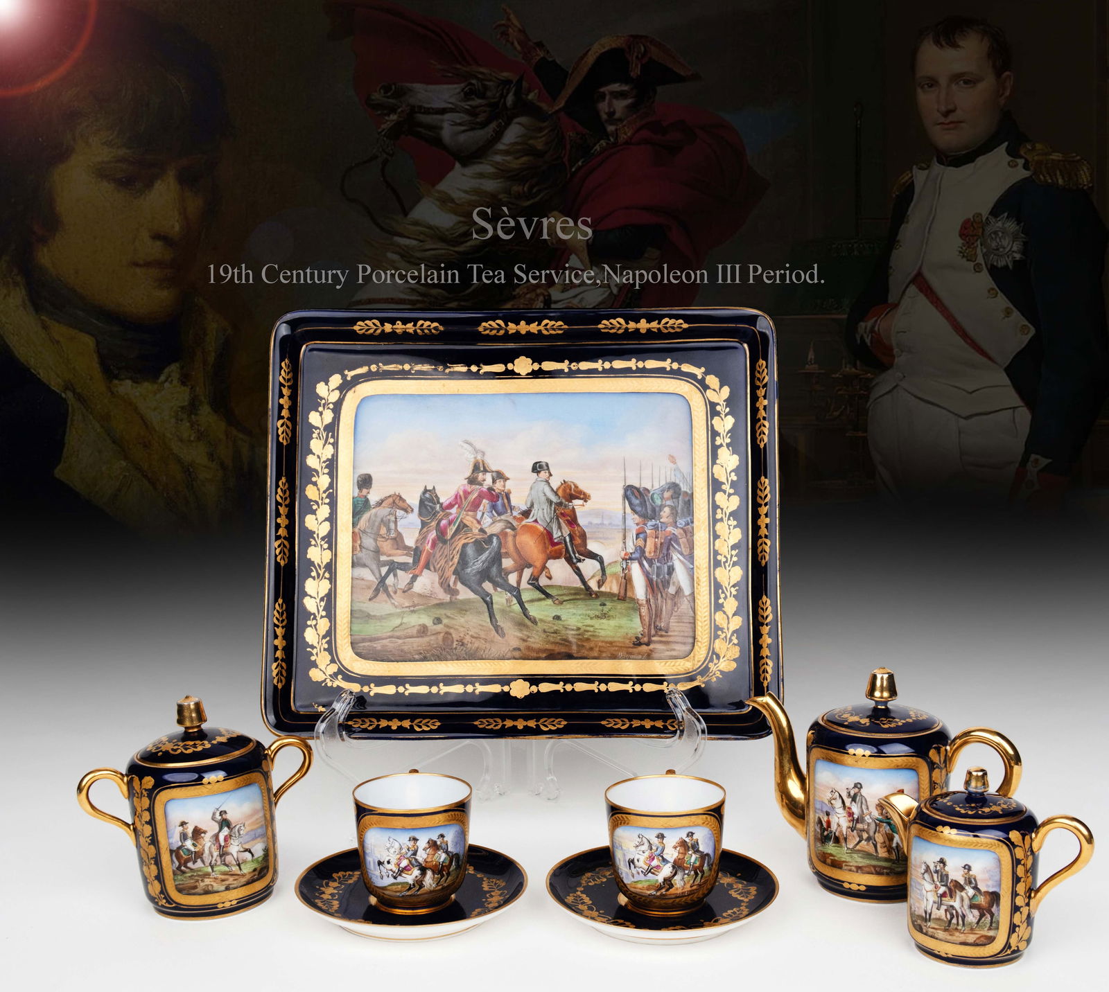 19th C. Napoleon III Era Sevres Hand painted Porcelain Tea Set: 19th C. Napoleon III Era French Sevres Hand painted Porcelain Tea set, Hallmarked. Tray: 10.5" x 12", Taller piece: H 5.5"