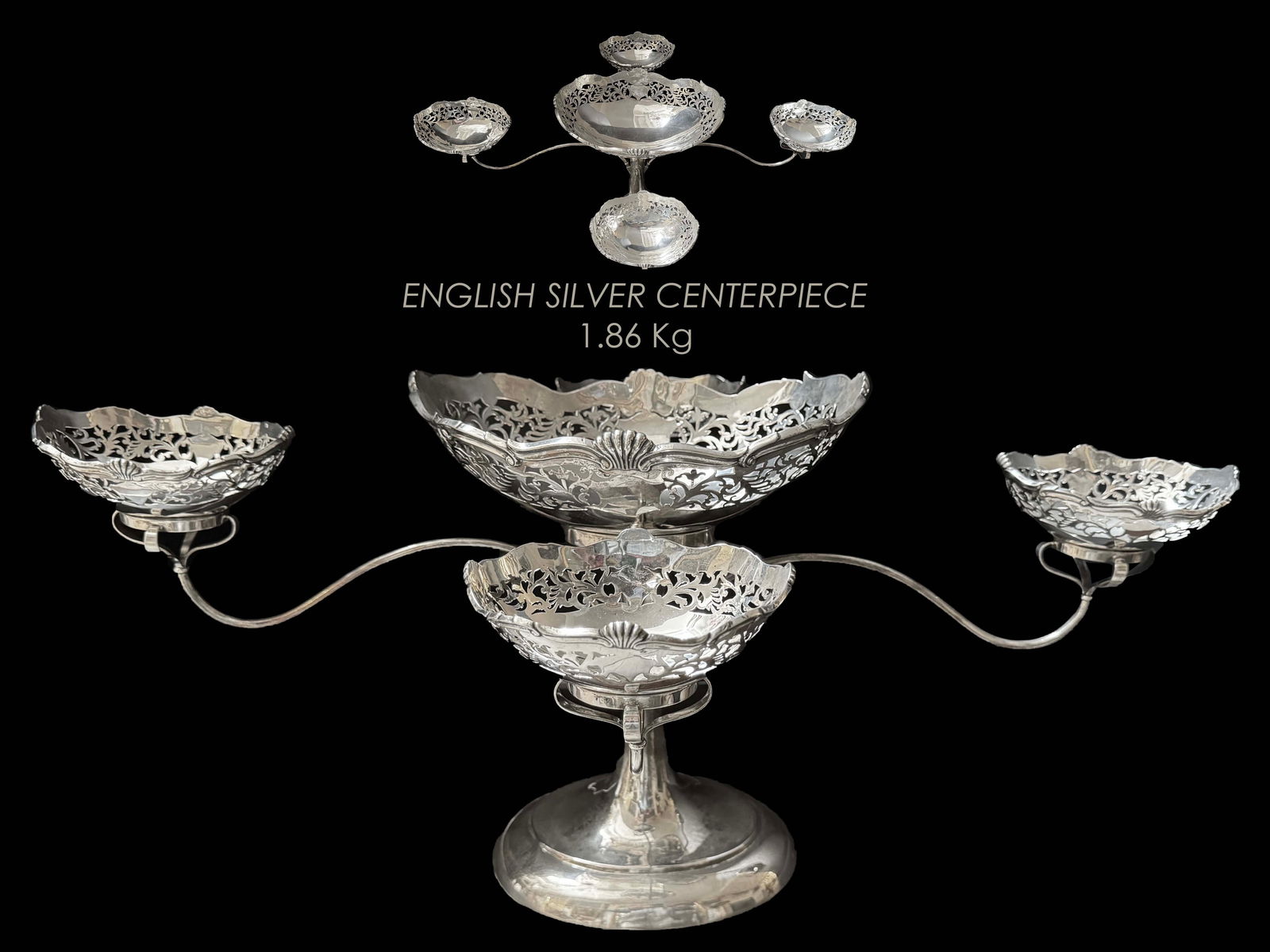 A Large English Silver Centerpiece: A Large English Silver Centerpiece. Weight: 1.86 Kg, H 13" x 19" x 27"