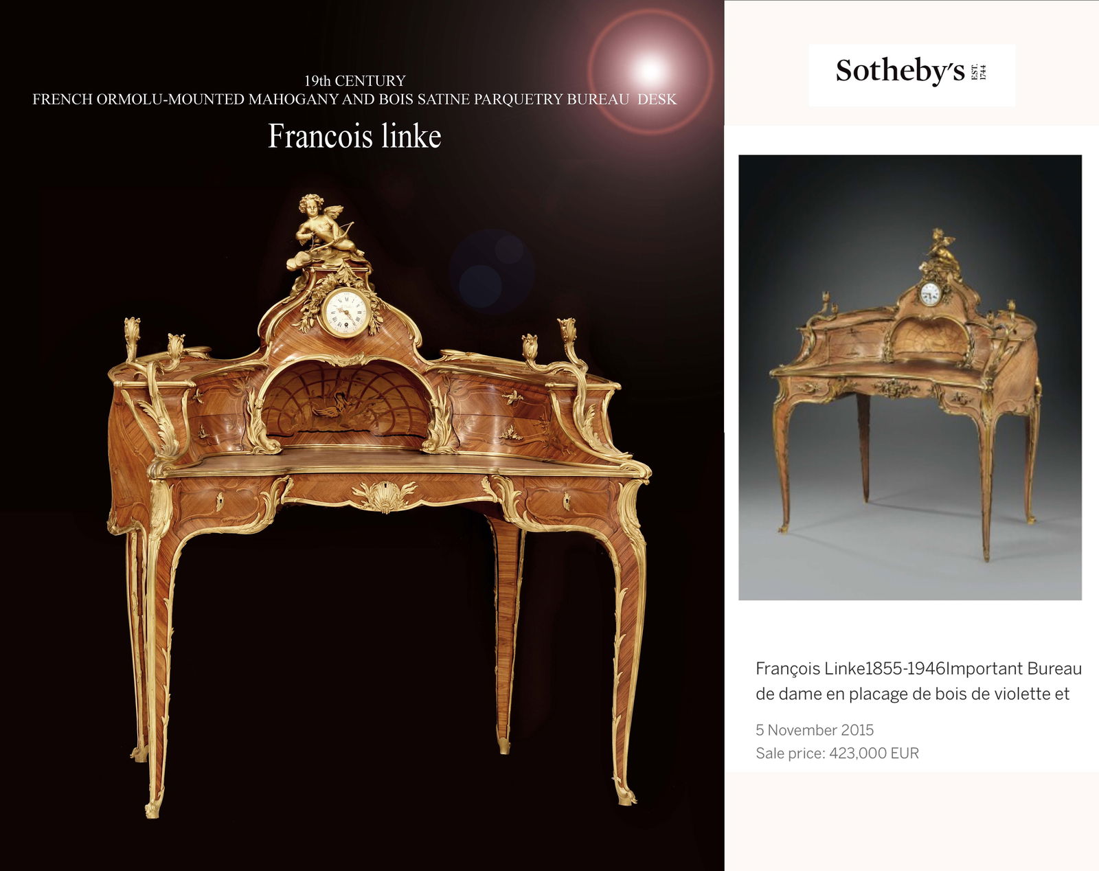 19th C. French F. Linke Bronze Mahogany Bois Parquetry Bureau Desk, Signed: 19th C. French Ormolu Mounted Mahogany and Bois Parquetry Bureau Desk Signed by Francois Linke. H 55" x 45" x 31"