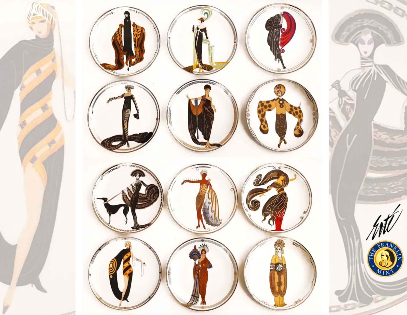 A Full Set Of 12 Pcs The Franklin Mint House of ERTE Decorative Wall Plates: A Vintage Collection of The Franklin Mint House of ERTE Decorative Hand painted Porcelain Wall Plate Full Set. 12 Pieces, Hallmarked & Hand Numbered (Limited Edition). Note: 3 plates have a COA