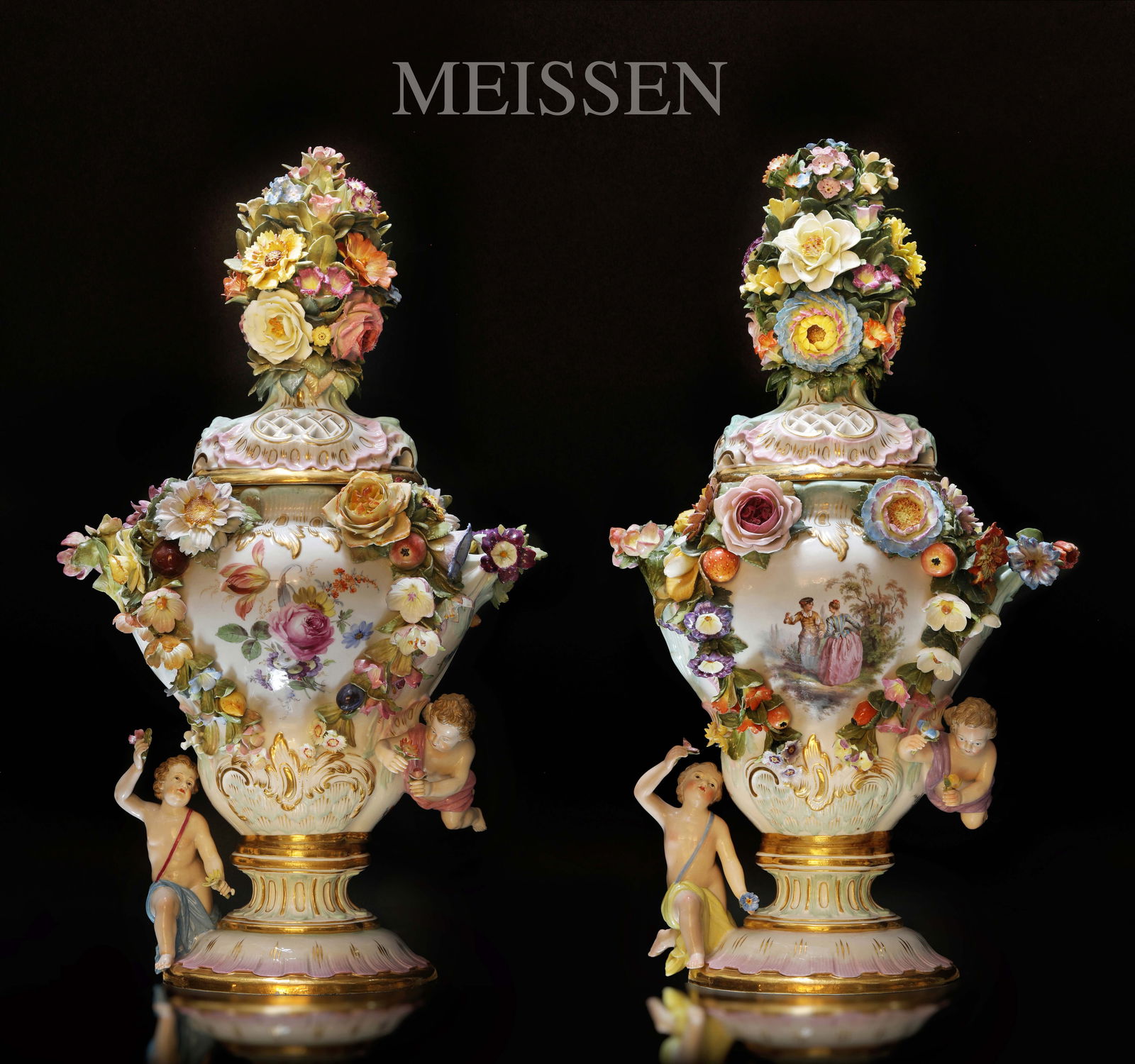 A Pair Of 19th C. German Meissen Hand-Painted Porcelain Figural Potpourri Urns/Vases, Hallmarked: A Pair Of 19th C. German Meissen Hand-Painted Porcelain Figural Potpourri Urns/Vases, Signed. H 17" x W 10" (each one)