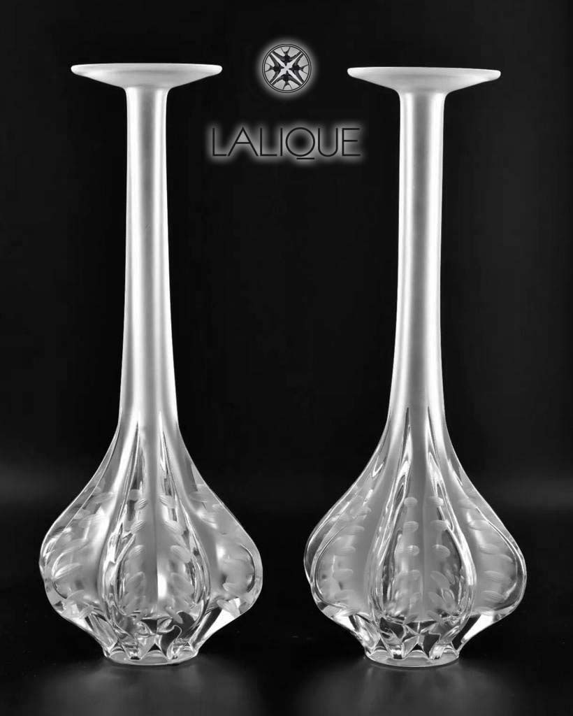 A Set of 2 French Marie-Claude LALIQUE Frosted & Art Glass Crystal Vases, Signed (1 of 6)