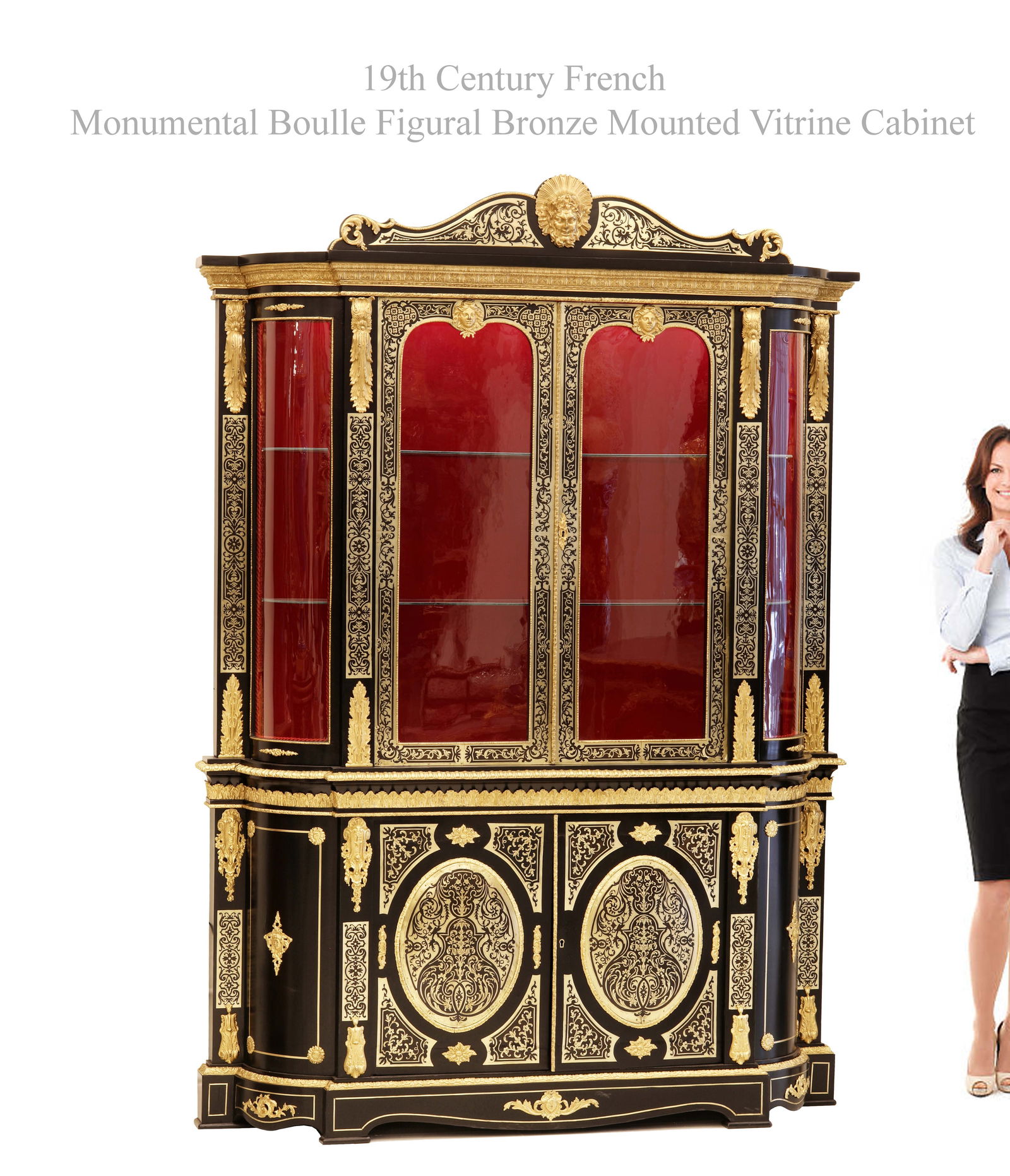 A MONUMENTAL 19TH C. FRENCH BOULLE FIGURAL BRONZE MOUNTED CABINE: A MONUMENTAL 19TH C. FRENCH BOULLE FIGURAL BRONZE MOUNTED CABINET. H 91" x 67" x 14"