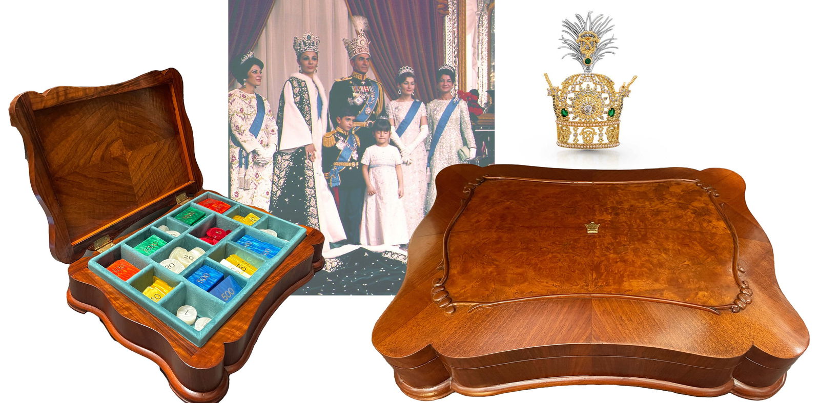 A Persian Royal Pahlavi (Shah of Iran) Chips Wooden Box: A Persian Royal Pahlavi (Shah of Iran) Chips Wooden Box. 18" x 13" x 4"H