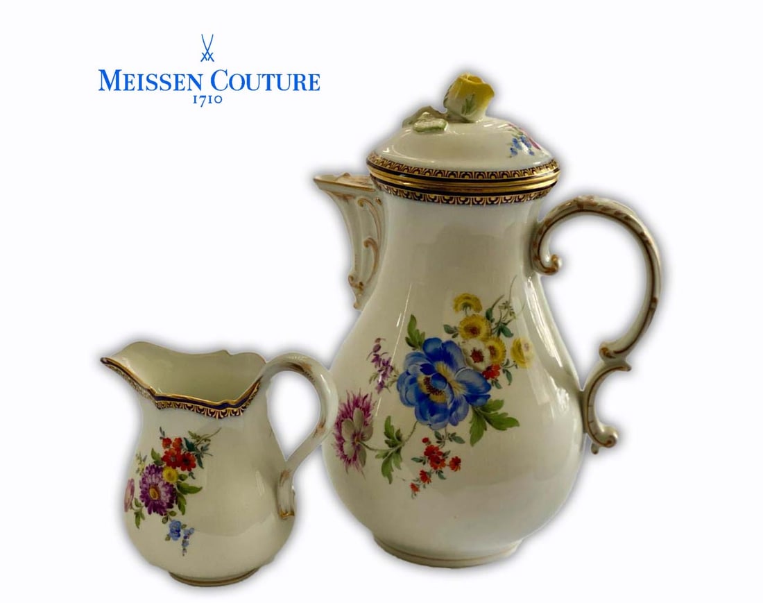 A Set Of 2 German Meissen Floral Gilt Porcelain Coffee/tea Pot & Creamer: A Set Of 2 German Meissen Floral Gilt Porcelain Coffee/tea Pot & Creamer, Hallmarked. H 9.75" (Pot size)