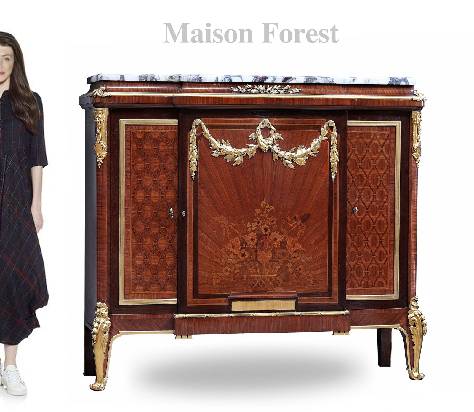 19th Century French Bronze & Top Marble Cabinet Signed by Maison Forest: 19th Century French Bronze & Top Marble Cabinet Signed by Maison Forest. H 55" x 62" x 15"