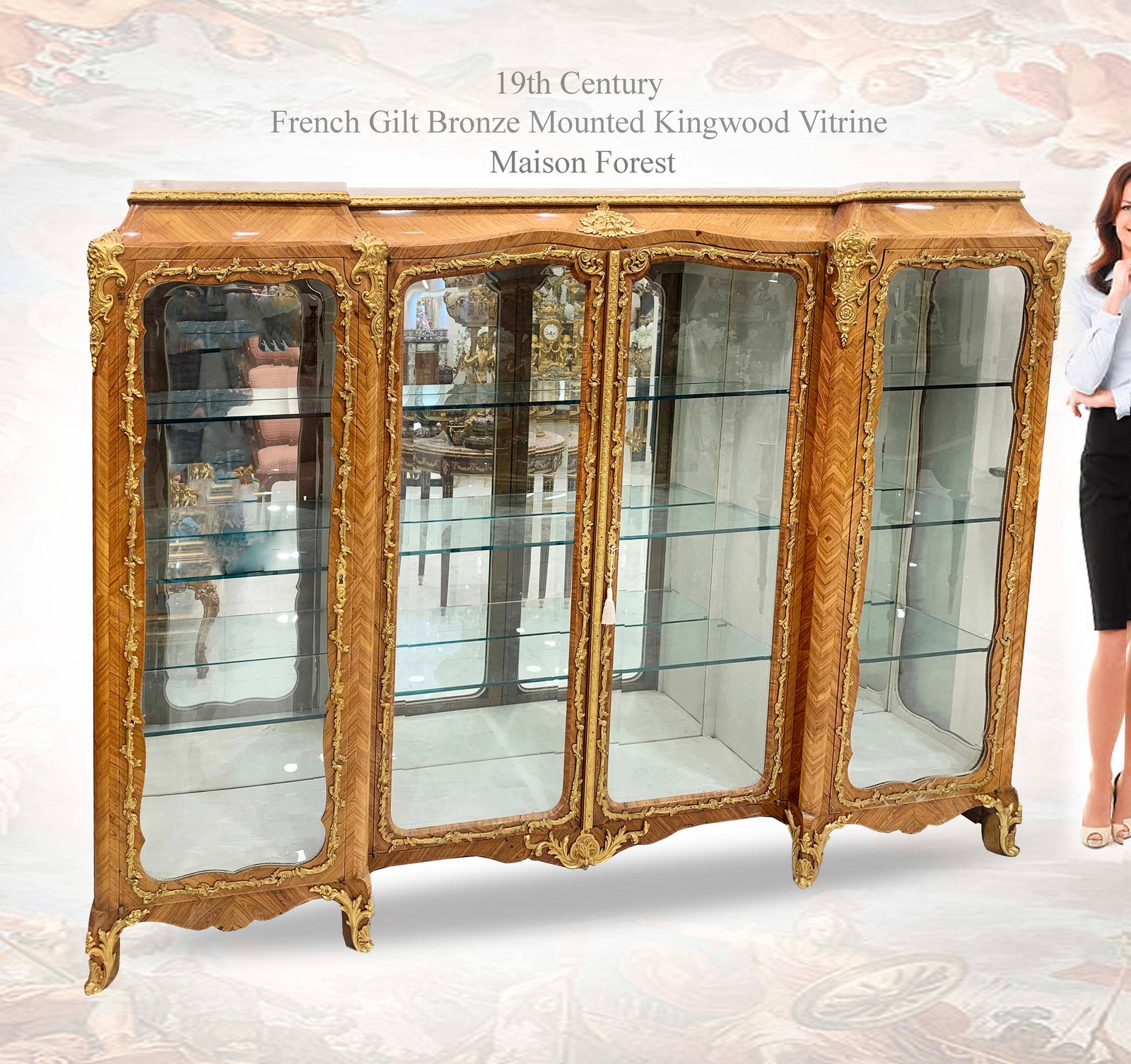 19th C. French Gilt Bronze Kingwood Vitrine Cabinet, Attributed Maison Forest: 19th C. French Gilt bronze Mounted Kingwood Vitrine Cabinet, Attributed Maison Forest. 86" x 17" x H 62.5"