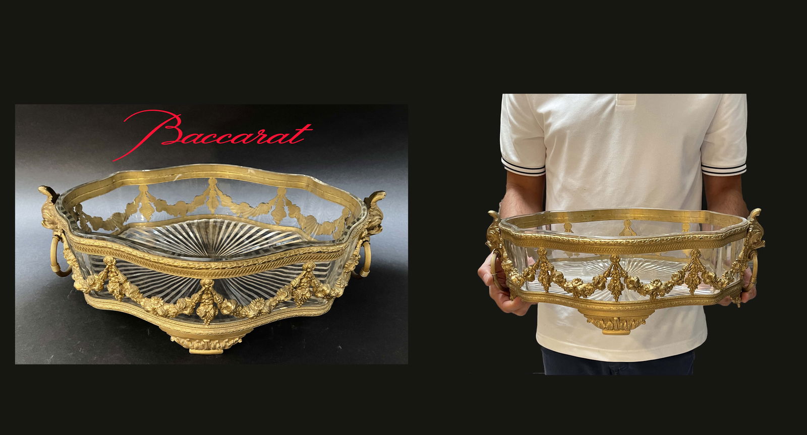 19th C. Baccarat Crystal & Gilt Bronze Centerpiece: 19th C. Baccarat Crystal & Gilt Bronze Centerpiece. 16" x 5" H x 9.5"