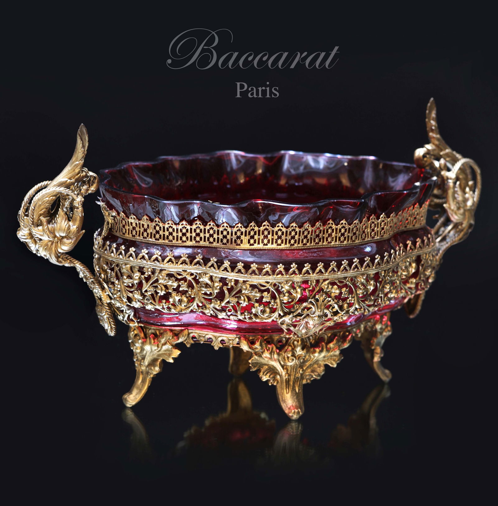 19th C. French Baccarat Ruby Crystal Bronze Centerpiece: 19th C. French Baccarat Ruby Crystal Bronze Centerpiece. H 7.5" x 13" x 6.25"