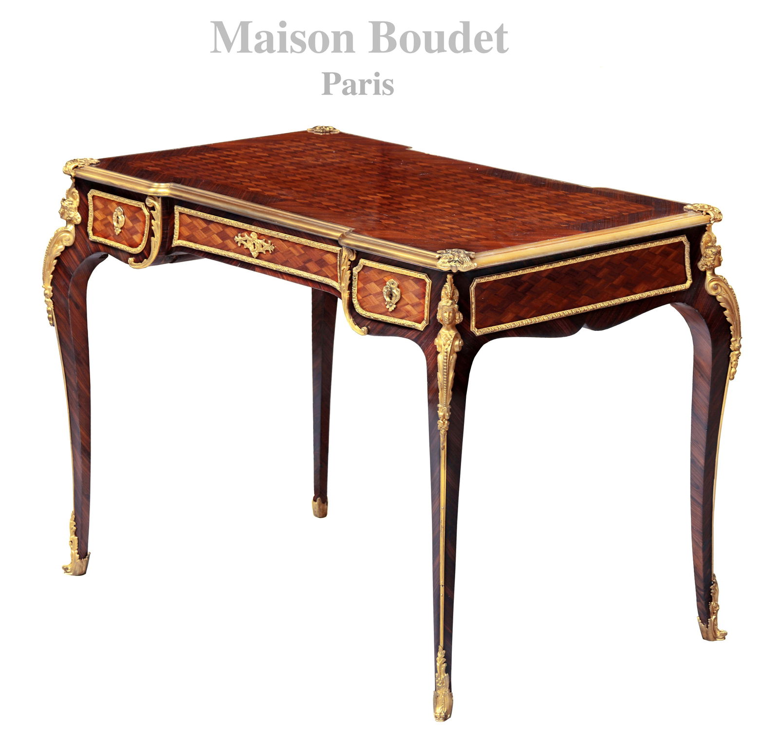 19th C. Mounted Figural Bronze Stain Parquetry Bureau Table/Desk, Maison Boudet Signed: 19th Century French Maison Boudet Mounted Figural Bronze Stain Parquetry Bureau Table/Desk. 42" x 24" x H 29.5"