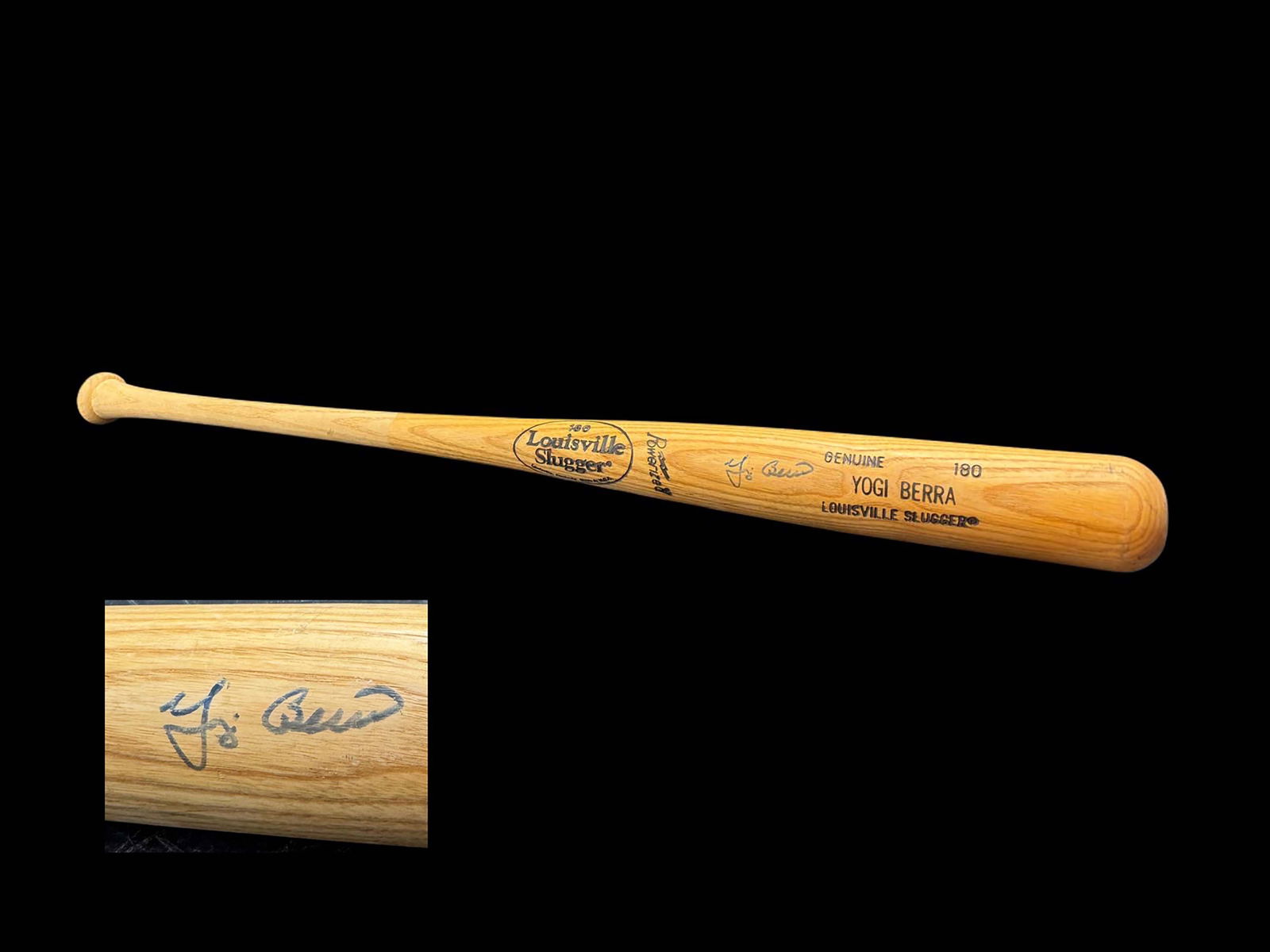 A Louisville Slugger Bat Signed By Yogi Berra: A Louisville Slugger Bat Signed By Yogi Berra, L 34". About Yogi Berra (1925-2015): Lawrence Peter Yogi Berra was an American professional baseball catcher who later took on the roles of manager and