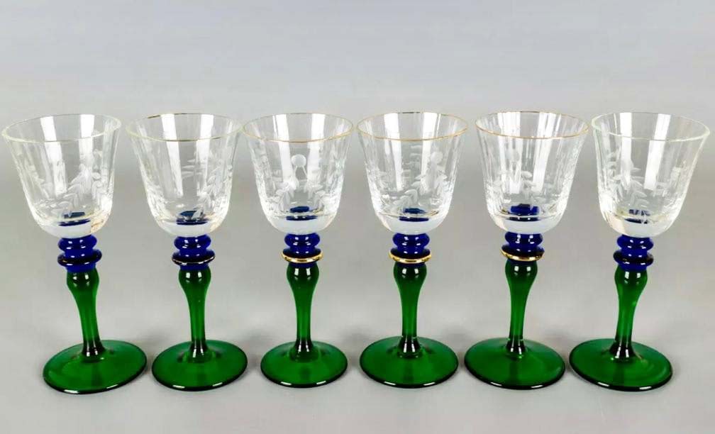 A Set Of Six Italian Murano Hand Blown Glass 24k W/ Gold Trim Green & Blue Wine Glasses: A Set Of Six Italian Murano Hand Blown Glass 24k W/ Gold Trim Green & Blue Wine Glasses. H 5"