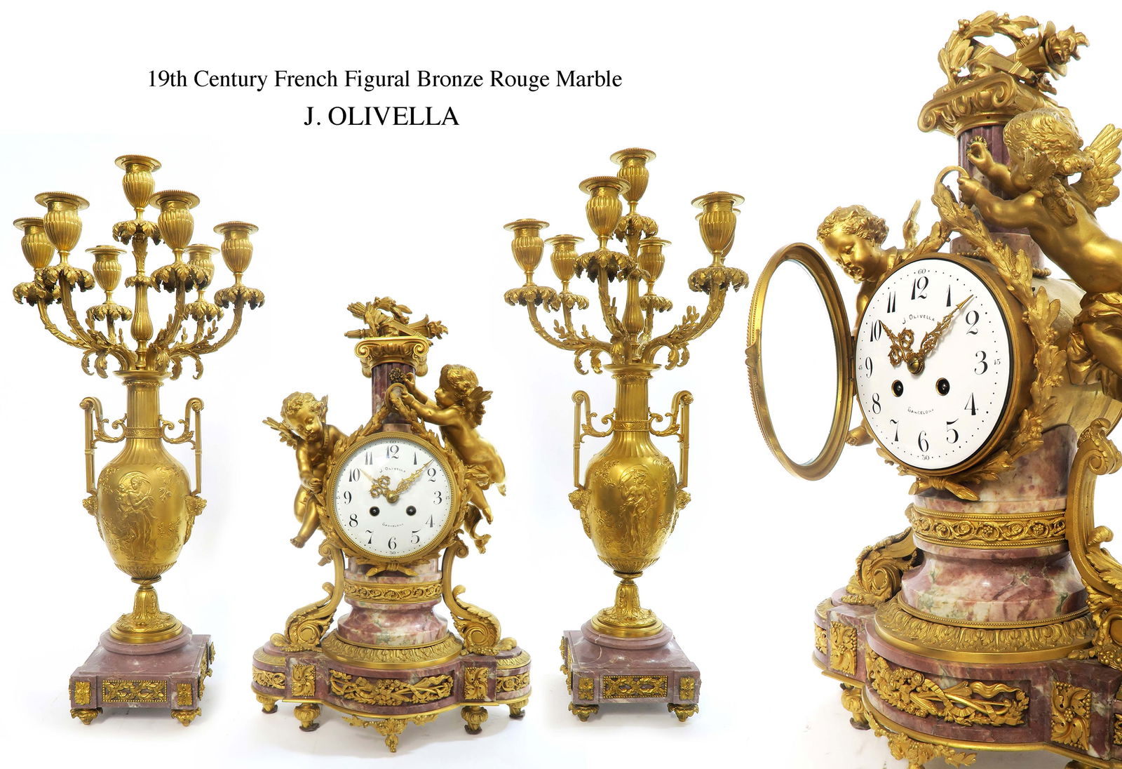 A Large 19th C. French J. Olivella Bronze Rouge Marble Figural Clock set: A Large 19th C. French J. Olivella Bronze Rouge Marble Figural Clock set. Candelabras: H 27" x W 12", Clock: H 20.5" x 14" x 6.5"