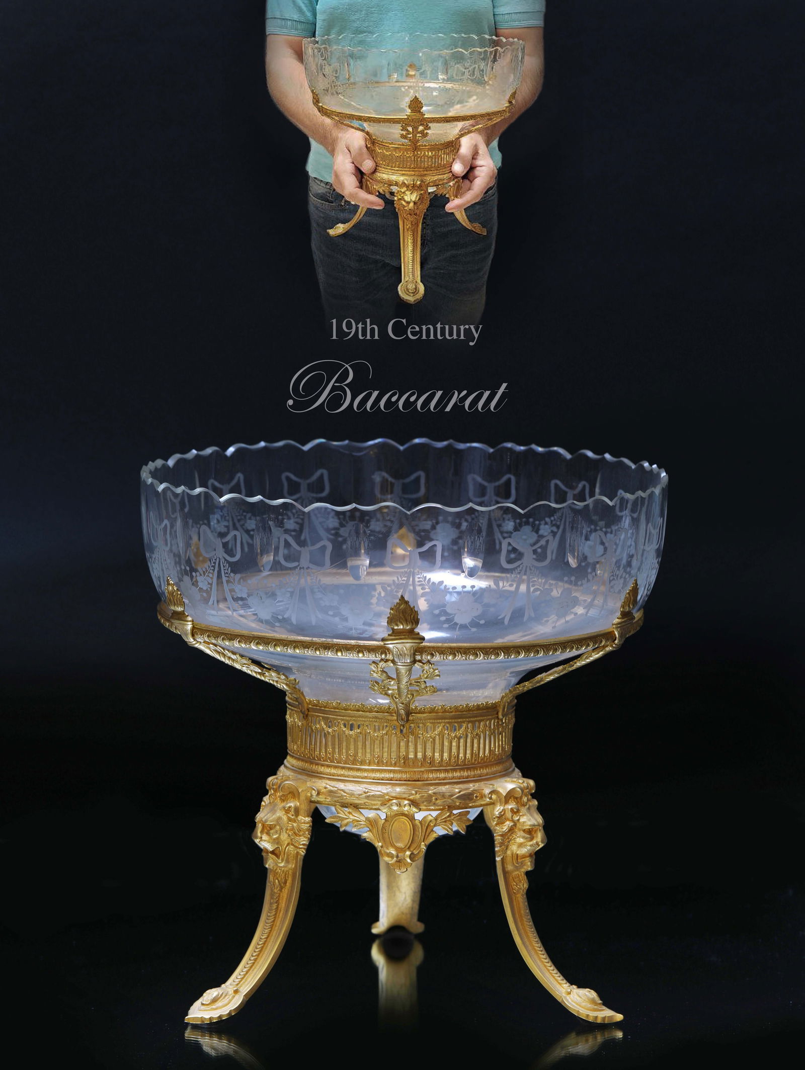 A Large 19th C. Baccarat Crystal Mounted Bronze Centerpiece: A Large 19th C. French Baccarat Crystal Mounted Bronze Centerpiece. H 12" x W 12"