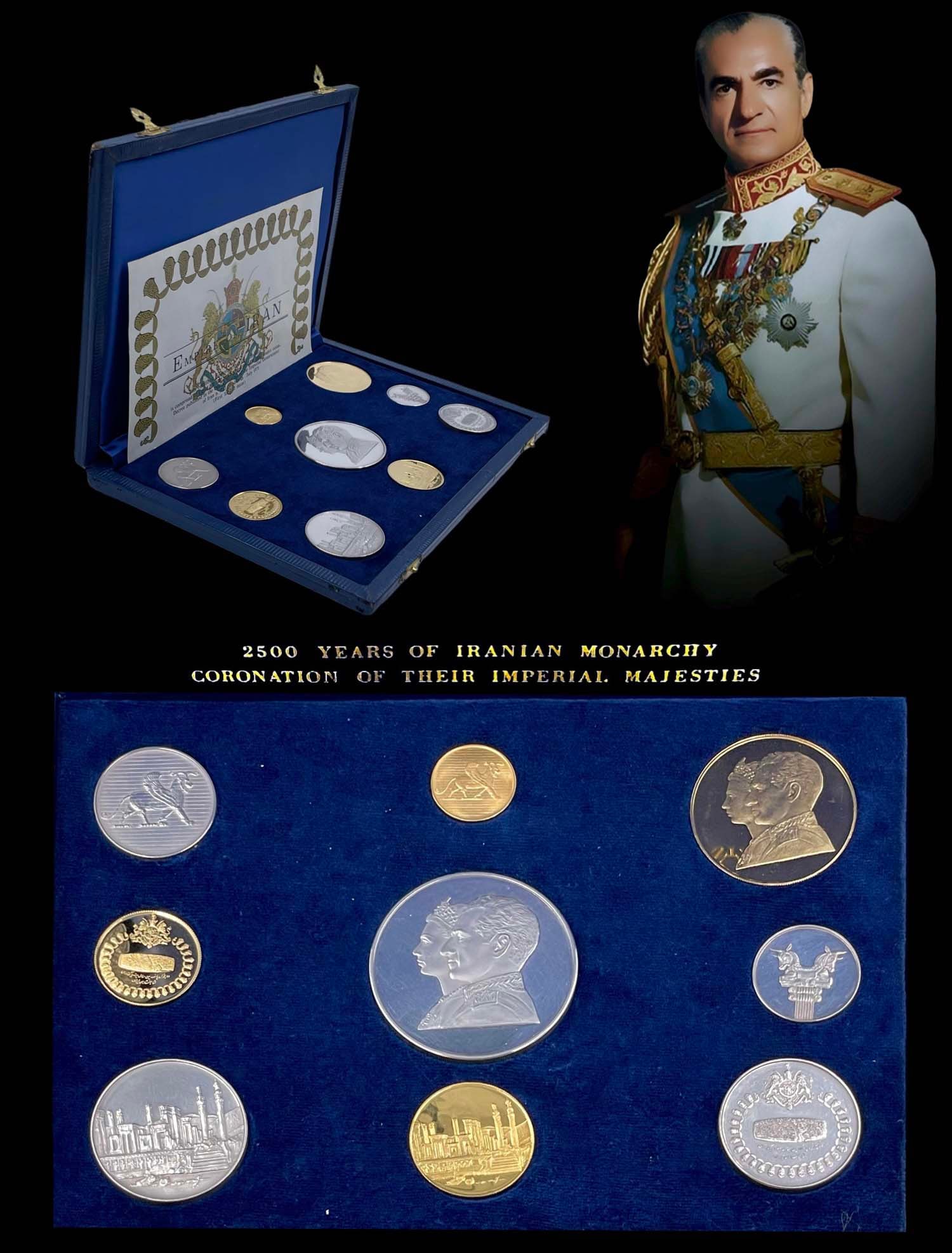 A Persian (Iran) King Mohammad Reza Shah Pahlavi Gold & Silver 9-Piece Proof Set, 1971: An Iranian King Mohammad Reza Shah Pahlavi gold & silver 9-Piece Proof Set, SH 1350 (1971), Struck for the 2500th year of Iranian monarchy. A choice set, with the silver issues displaying exceptional