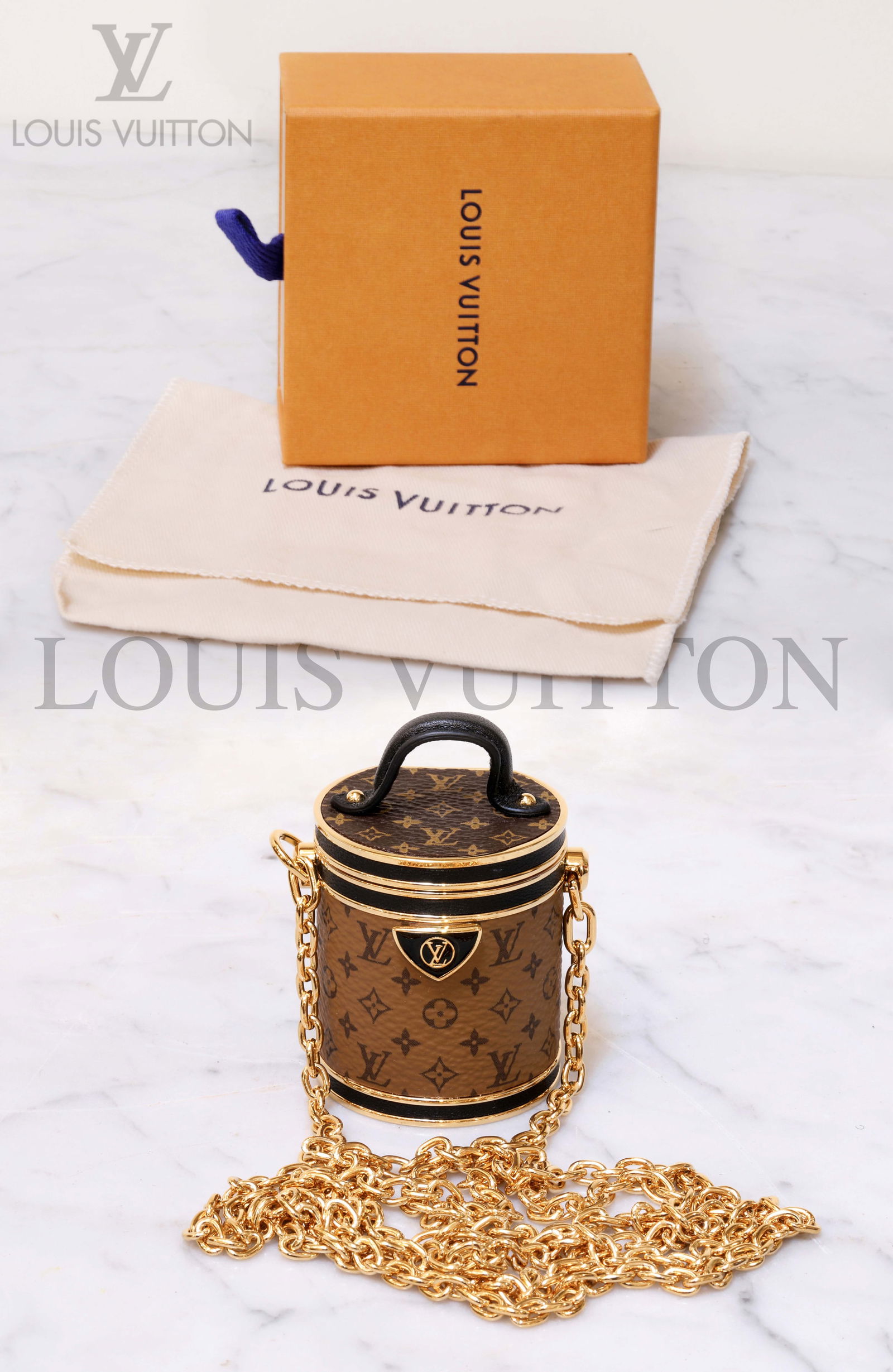 A Collectible Limited Edition Louis Vuitton Cannes Monogram Reverse Micro Necklace Shoulder Bag: A Limited Edition (#LE0290) French Louis Vuitton Cannes (Model #M80253) Monogram Reverse Micro Necklace Shoulder Bag, Boxed. Styled as crossbody or as a necklsce. Made in Italy.