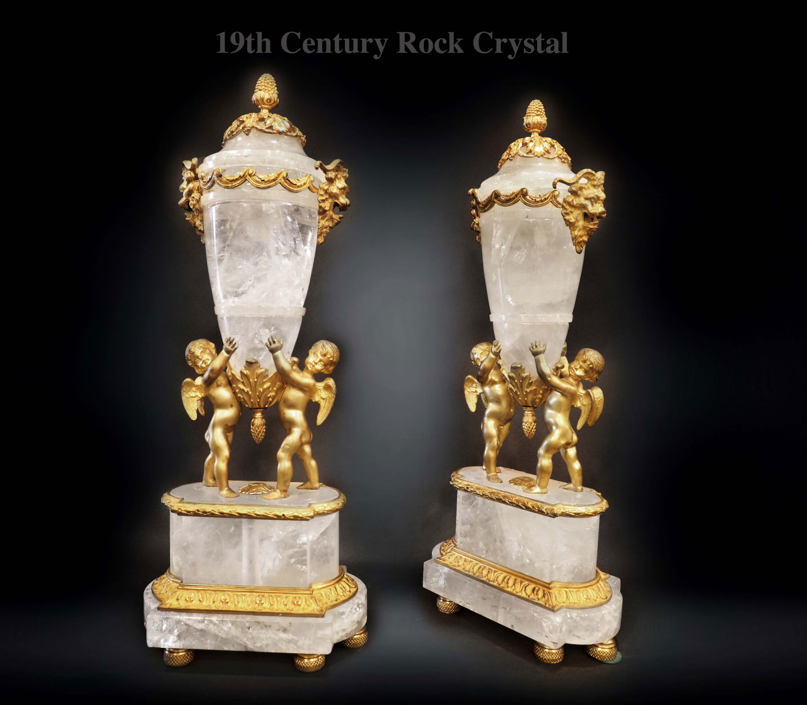 A Pair Of 19th C. Figural Gilt Bronze-Mounted Rock Crystal Urns: A Pair Of 19th C. Figural Gilt Bronze-Mounted Rock Crystal Urns. H 19.5"