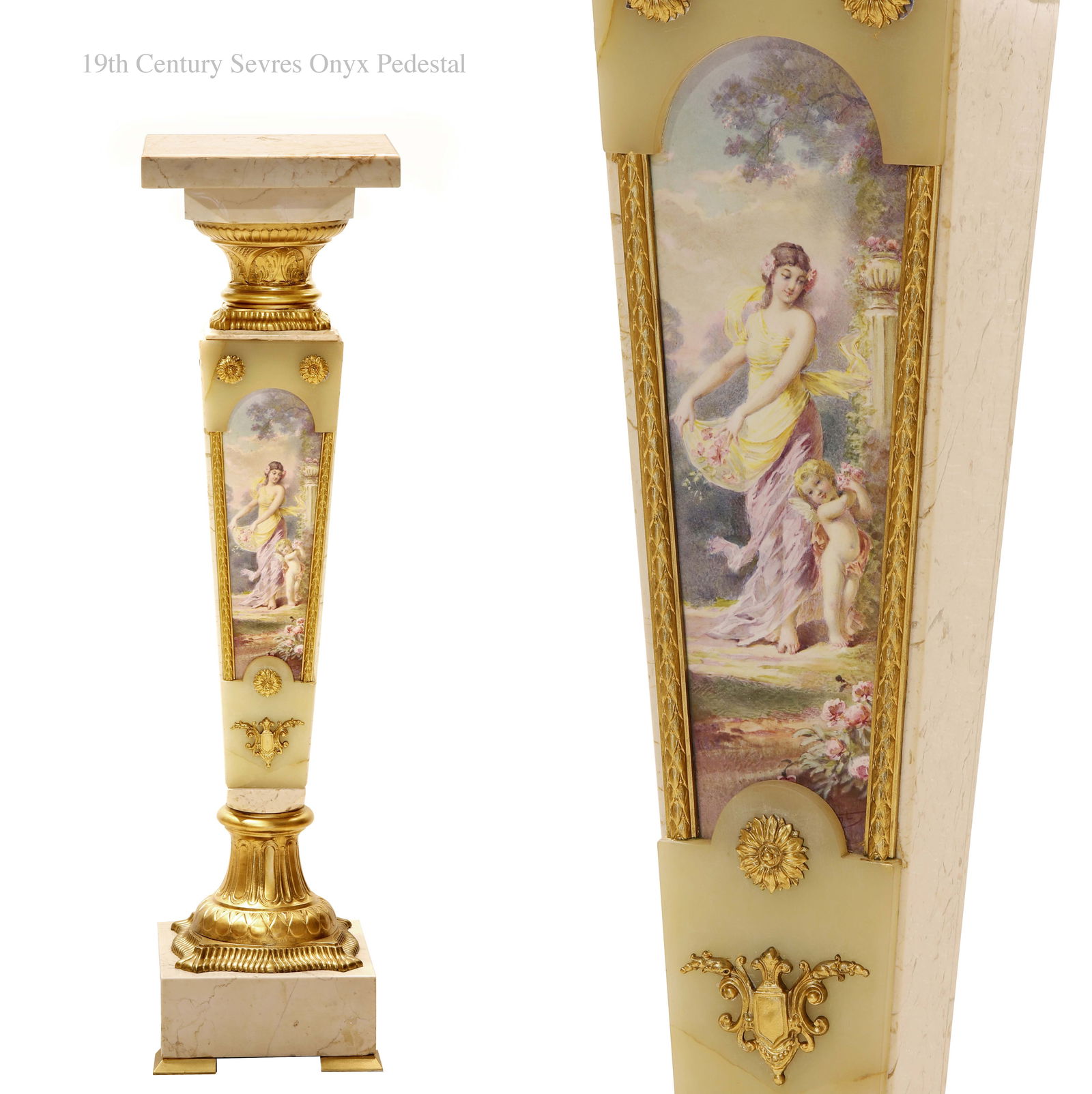 19th C. French Sevres Plaque Bronze Mounted Onyx Pedestal: 19th C. French Sevres Hand Painted Porcelain Plaque Bronze Mounted Onyx Pedestal. H 43.5" x 11.75" x 11.75"