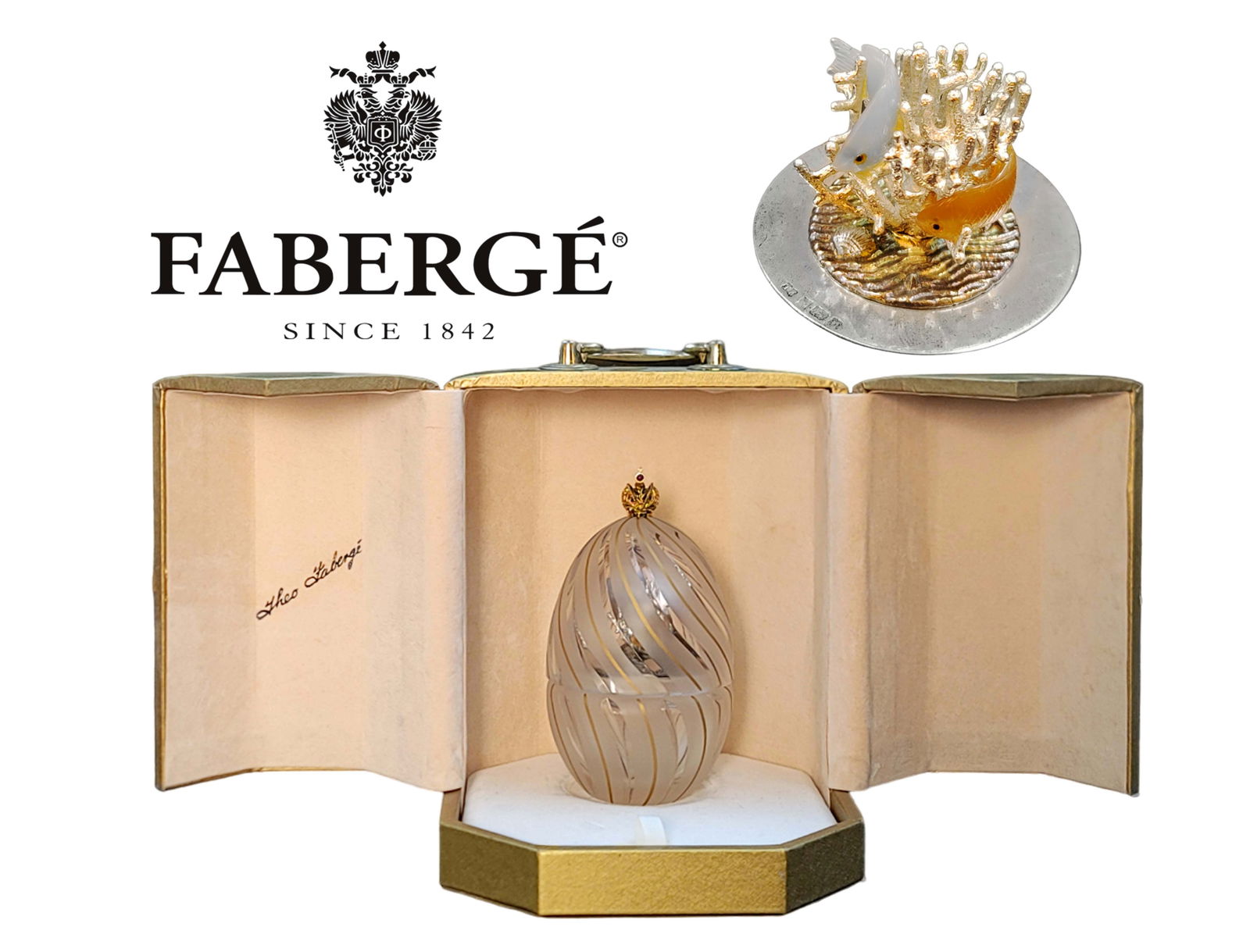The Coral Egg 1988, Theo FABERGE Coral Crystal Egg, Limited Edition, Boxed: The Coral Egg 1988, Theo FABERGE Coral Crystal Egg, Limited Edition, Boxed. Numbered #207, Signed! H 5.5" x D 3". This 24% lead crystal Egg, offset by an Imperial Crown of vermeil, represents the