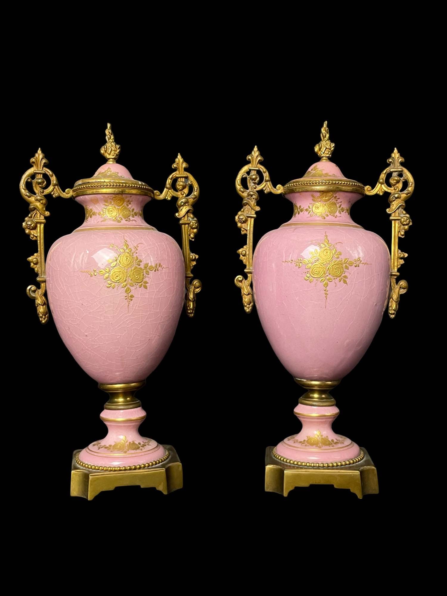 A Pair Of 19th C. French Sevres Hand Painted Porcelain Bronze Covered Vases - 2