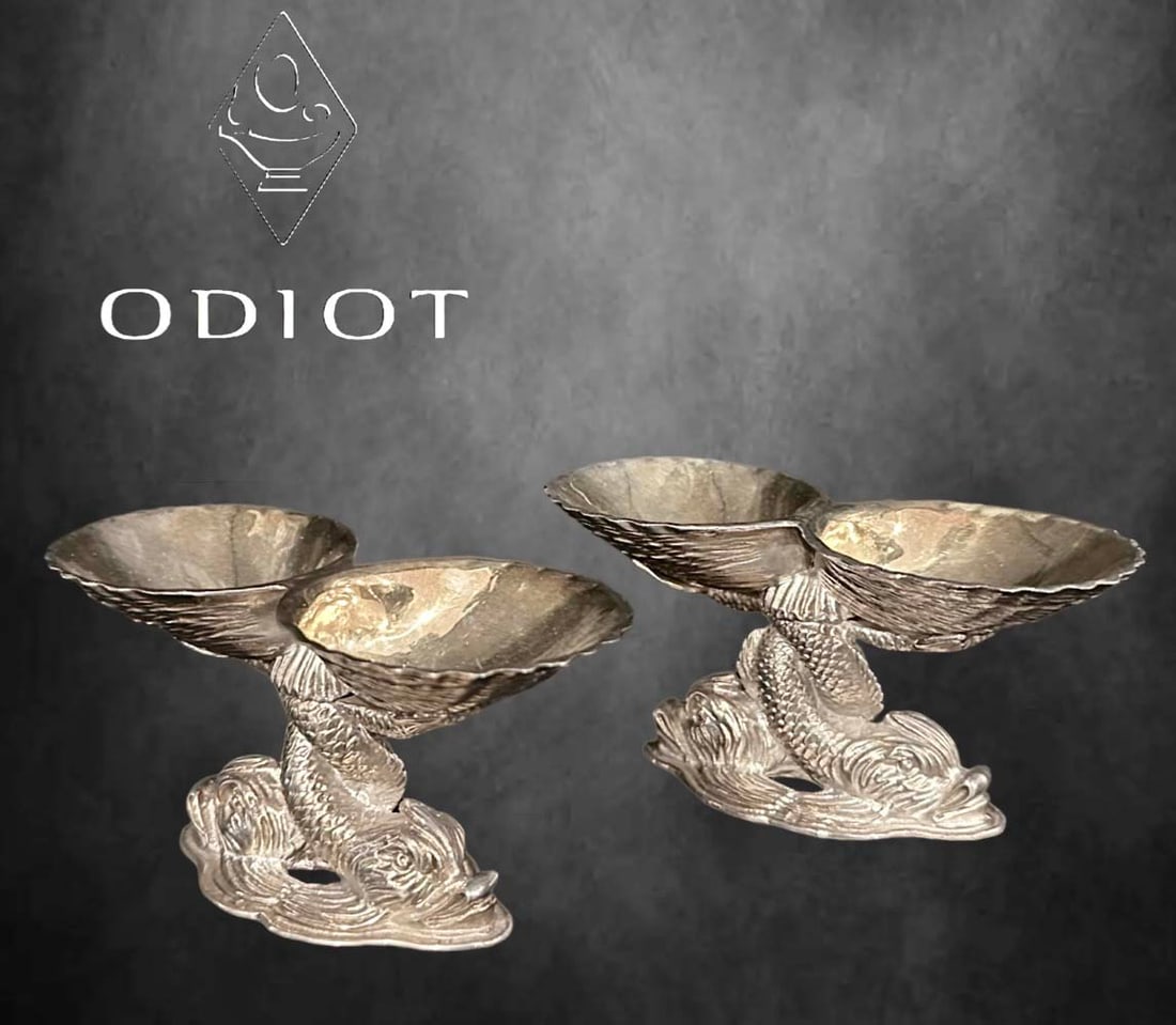 Rare Pair Of 19th C. ODIOT Silver-Plated Cast Figural Salt Cellars: Rare Pair Of 19th C. French ODIOT Silver-Plated Cast Figural Salt Cellars. W 5.1" x H 2.5"