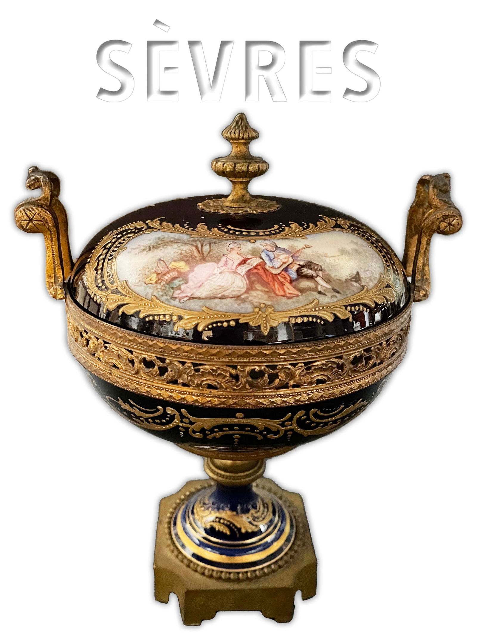 19th C. Sevres Gilt Ormolu Bronze Lidded Candy Dish, Hallmarked: 19th C. French Sevres Hand Painted Porcelain Gilt Ormolu Bronze Lidded Candy Dish, Hallmarked & Signed. 7" x 6" x 10" H