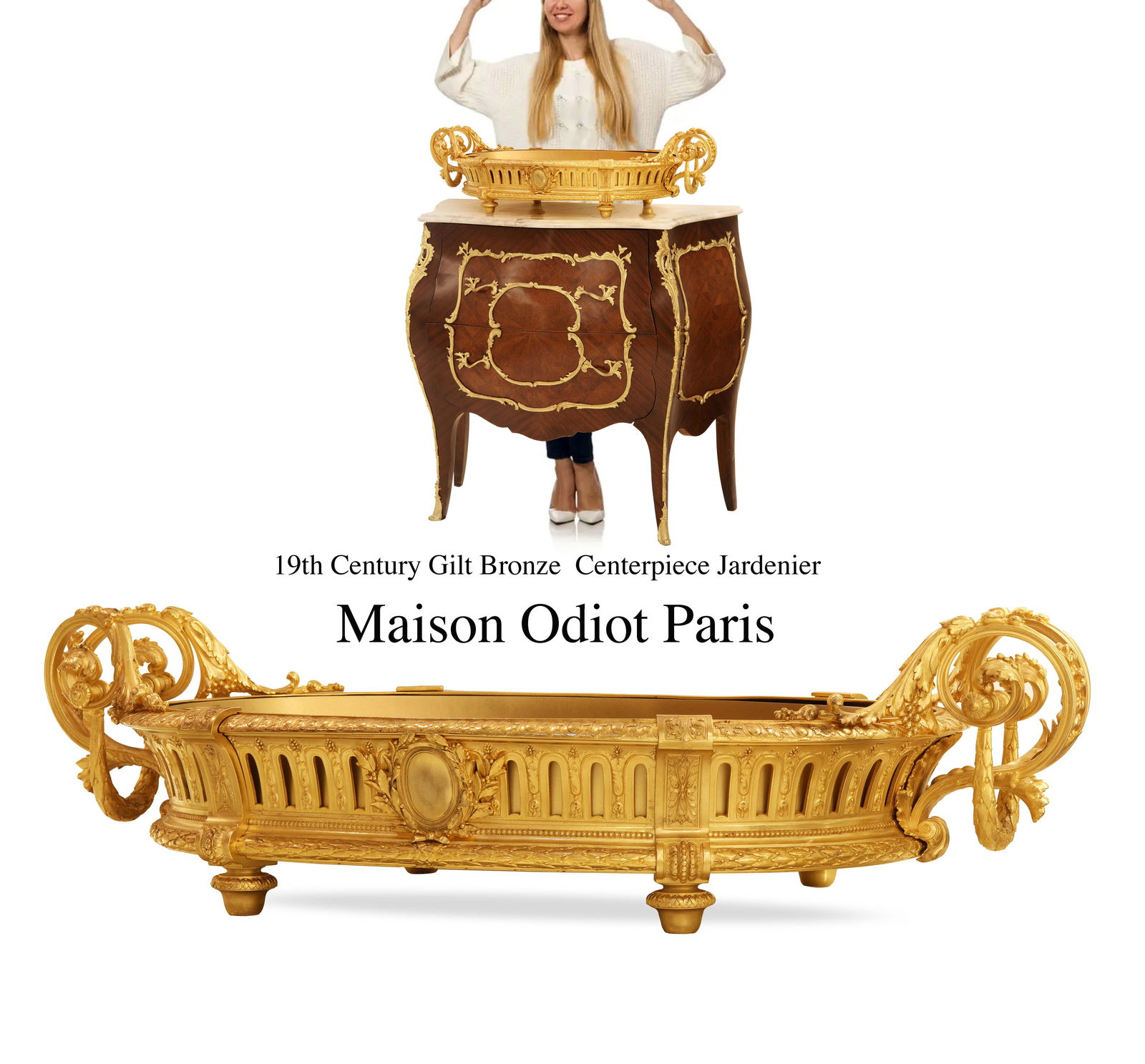 19th C. French Gilt Bronze Centerpiece/Jardiniere, Maison Odiot Signed: 19th C. French Gilt Bronze Centerpiece/Jardiniere Signed By Maison Odiot. NOTE: The Base/cabinet is NOT included! H 8" x 30" x 16"
