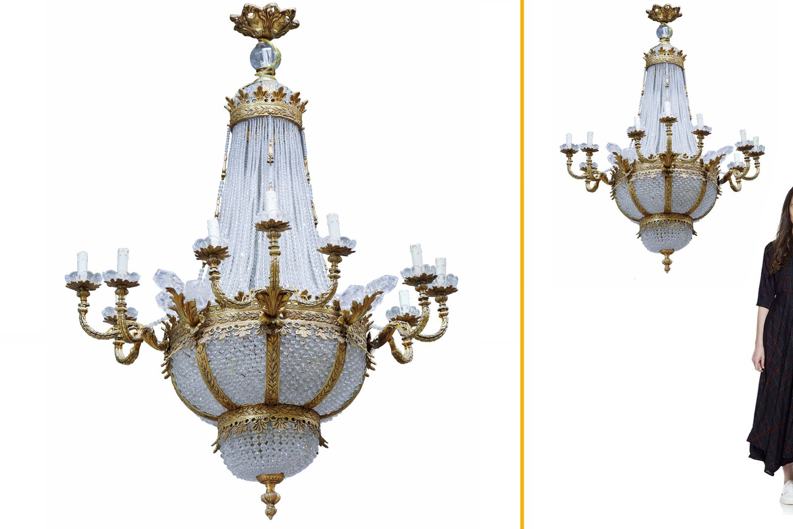 A Very Large Bronze & Crystal Chandelier: A Very Large Bronze & Crystal Chandelier. H 47" x 31" x 31" (each one).