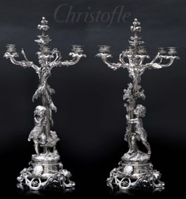 A Fine Pair Of 19th Century French Christofle Figural Silver-plated 6 Branches Candelabras