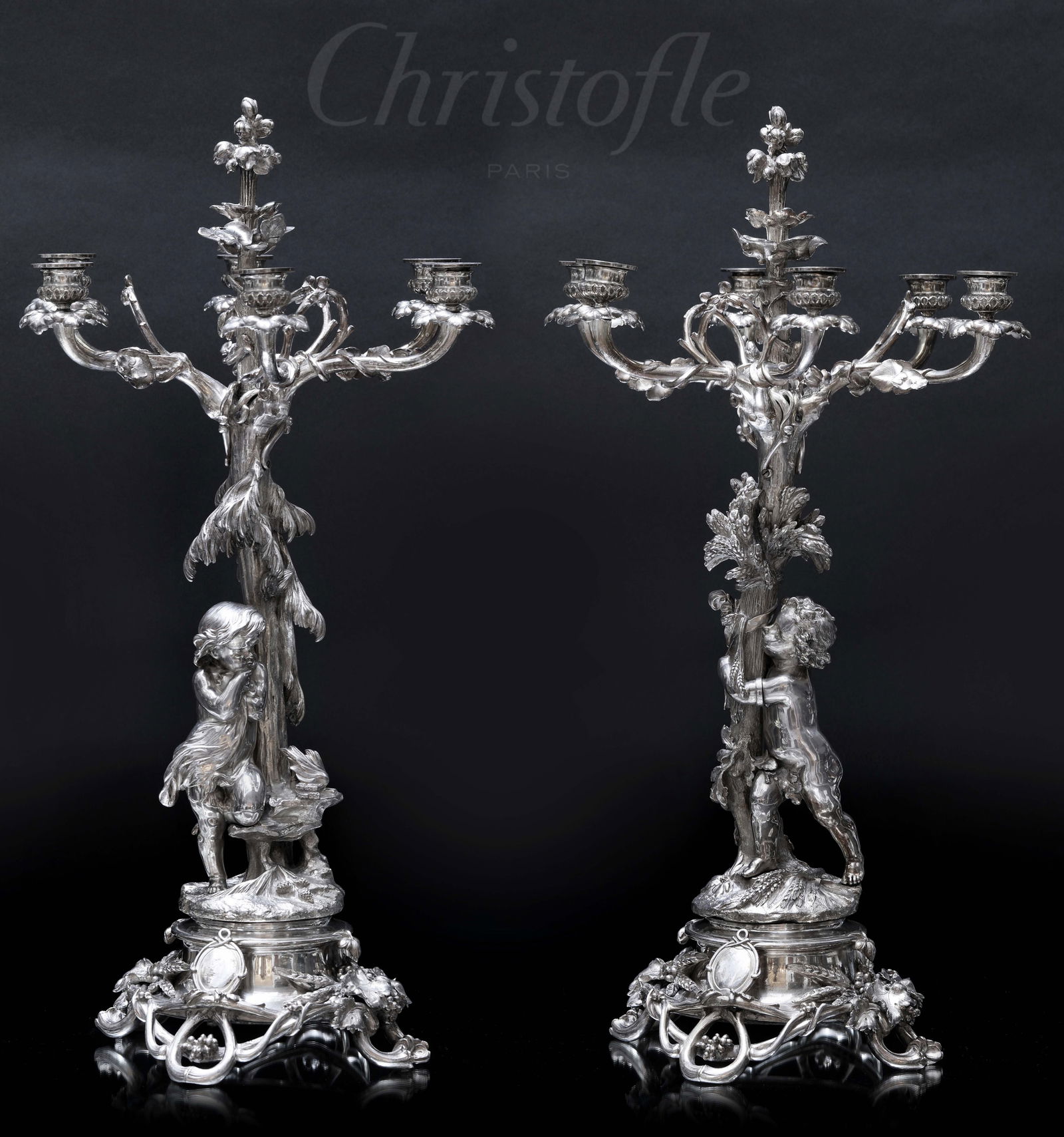 A Fine Pair Of 19th Century French Christofle Figural Silver-plated 6 Branches Candelabras (1 of 1)