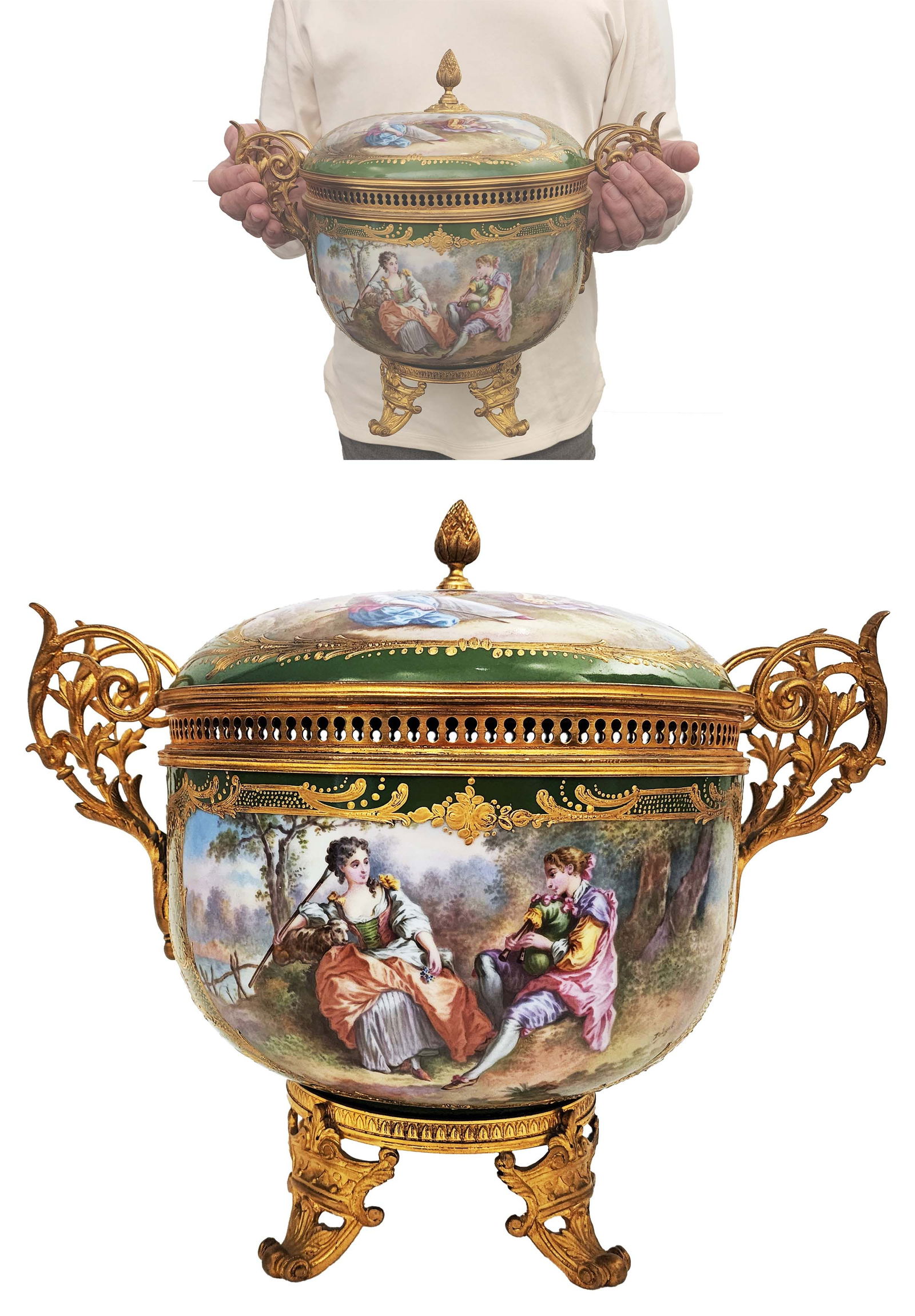 A Large French Sevres Bronze Hand Painted Green Porcelain Centerpiece, Signed: A Large French Sevres Bronze Hand Painted Green Porcelain Centerpiece lidded Box, Signed by artist, Hallmarked. H 12.5" x 14.5" x 10"