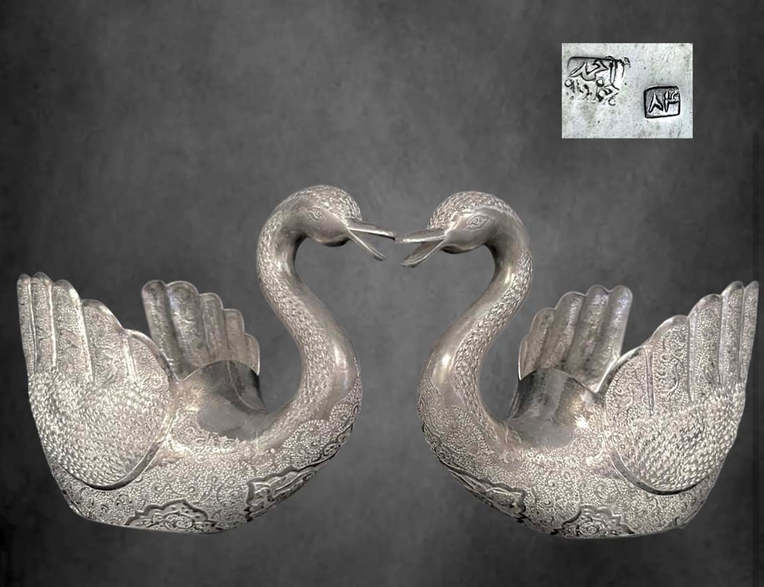 A Pair Of Persian Isfahan Silver 84 Swans, Signed By Ahmad Jozdan (1 of 2)