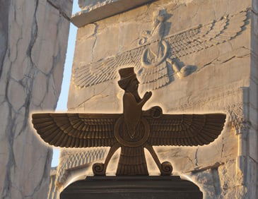 A Persian Faravahar Religious Symbol Figural Bronze Statue, Signed