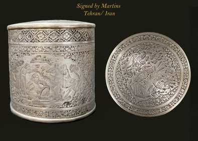 A Persian Engraved Silver Trinket Jewelry Box, Signed