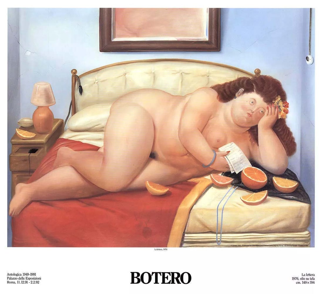 La Lettera 1976, A Fernando Botero Exhibition Lithography Poster: La Lettera 1976, A Vintage Large Limited Edition Fernando Botero Exhibition (Italy, Roma, 1991-2) Lithograph Poster Print. Circa 1990, Roma, Italy Printed. very good condition, Ready to frame. size: 2
