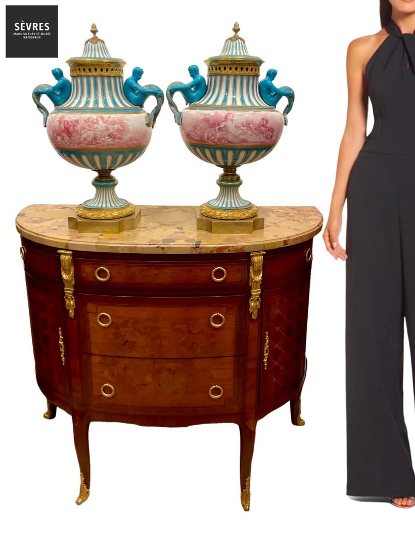 A Pair Of Large 19th C. Sevres Hand Painted Figural Porcelain Vases/Urns: A Pair Of Large 19th C. French Sevres Hand Painted Figural Porcelain Vases/Urns. H 23"