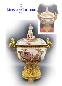 A Large 19th C. German Meissen Hand Painted Porcelain Figural Bronze Centerpiece