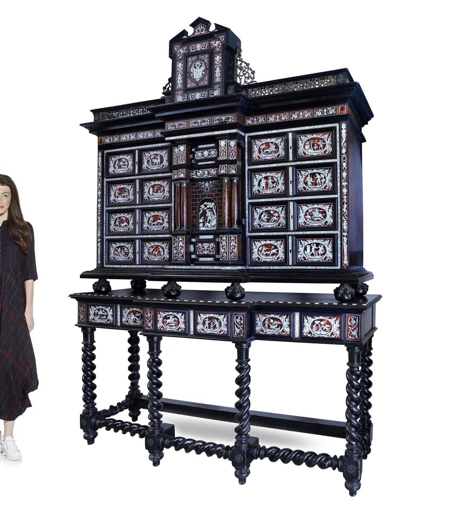 19th C. Spanish Tortoiseshell & Bone Inlaid, Ebonized Walnut Marquetry Cabinet On Stand: 19th C. Spanish Tortoiseshell & Bone Inlaid, Ebonized Walnut Marquetry Wooden Cabinet On Stand. H 93" x 65" x 18"