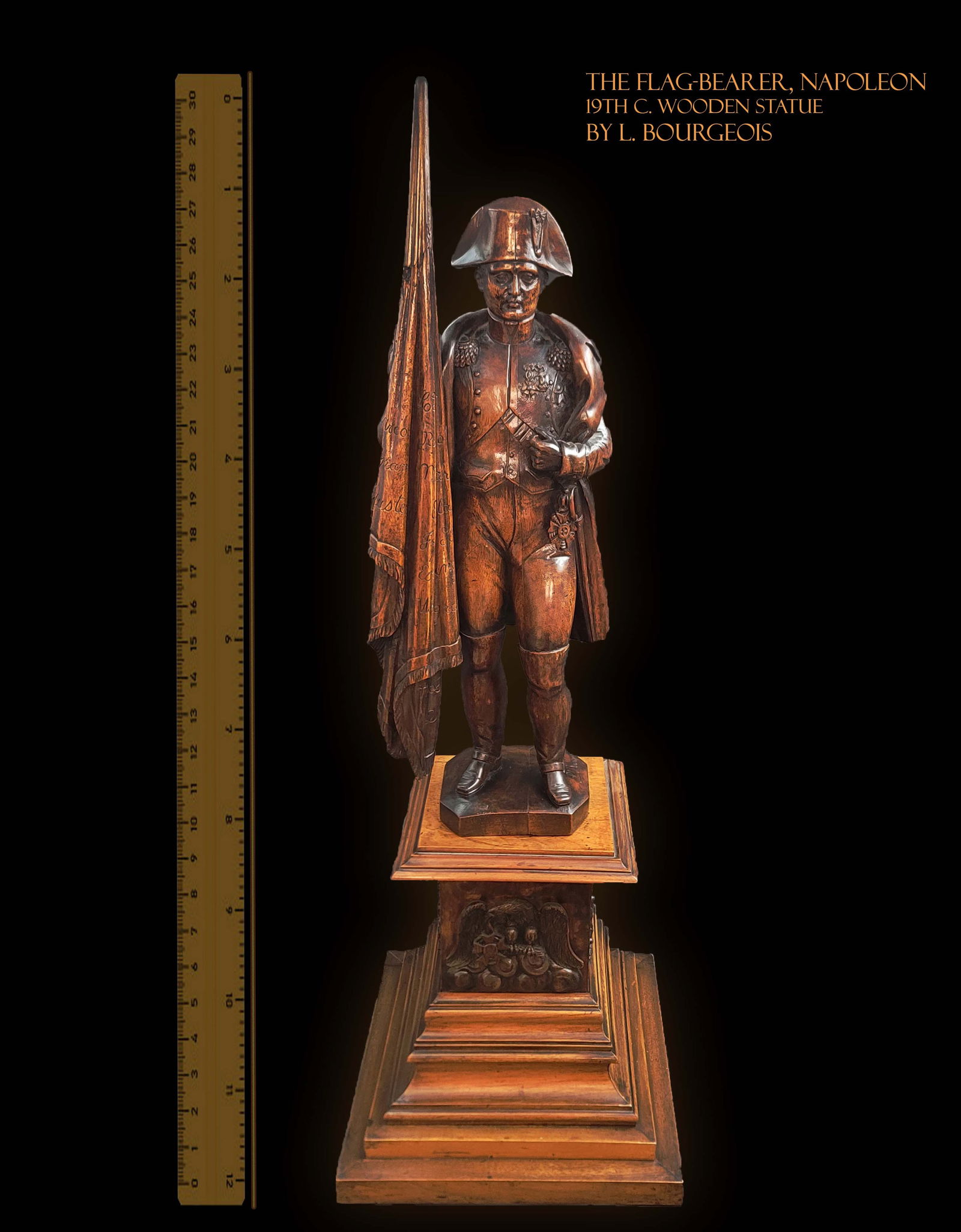 The Flag-Bearer, Napoleon, 19th C. Wooden Statue On Base, L. Bourgeois Signed (1 of 8)