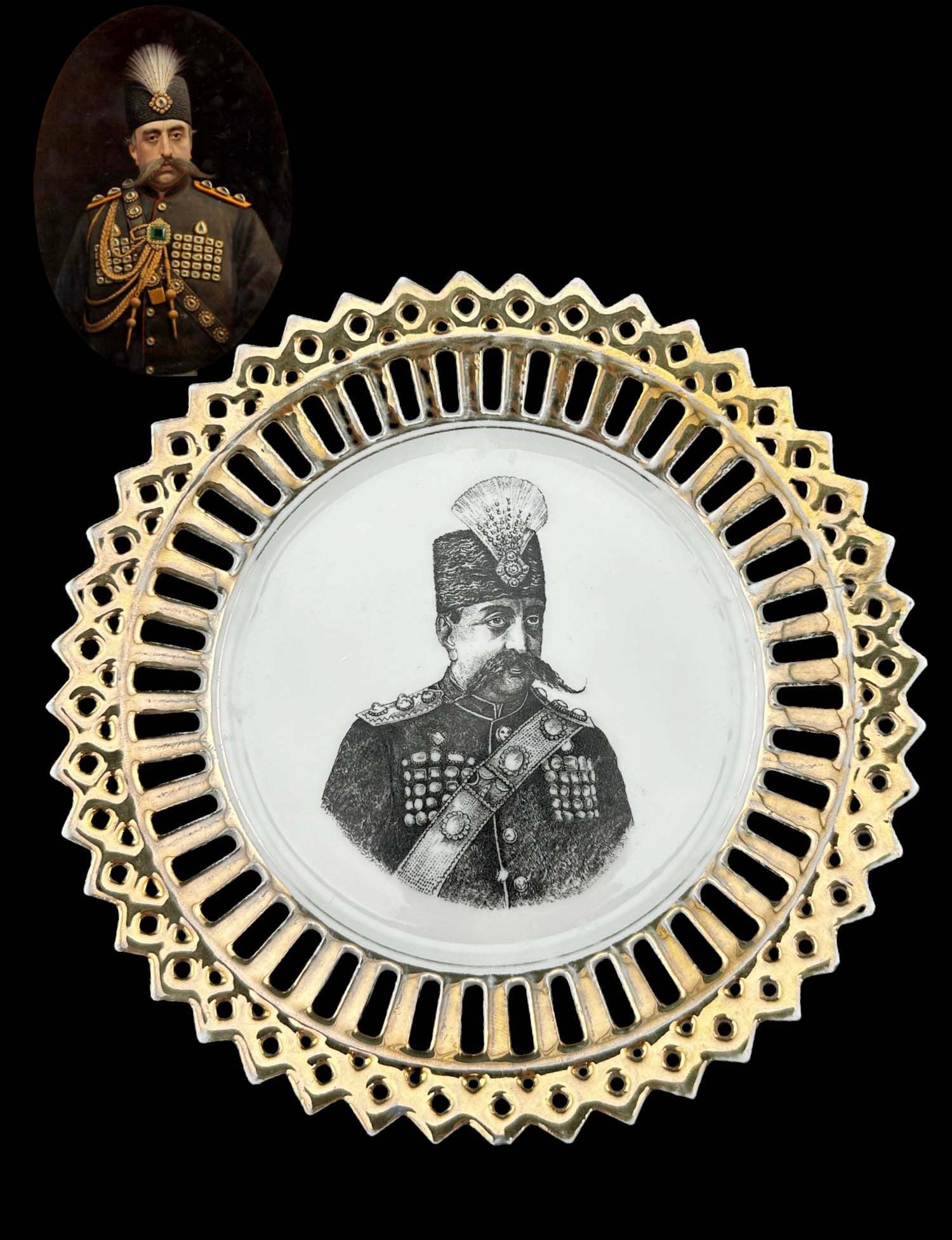 Iran Persian Qajar King Mozaffar ad-Din Shah Portrait Decorative Wall Plate, Hallmarked: Iran Persian Qajar King Mozaffar ad-Din Shah Portrait Decorative Porcelain Wall Plate. (B. Furst. Vienna, Austrian Hallmarked. D 7"