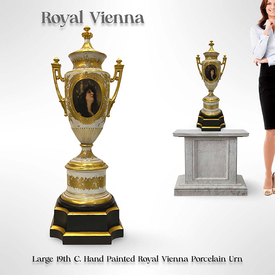 A Large 19th C. Royal Vienna Hand Painted Lidded Urn/Vase, Signed & Hallmarked: A Large 19th C. Austrian Royal Vienna Hand Painted Porcelain Lidded Urn/Vase Signed by the Artist, Hallmarked. Note: The pedestal is NOT included. H 24" x L 9" x W 8"