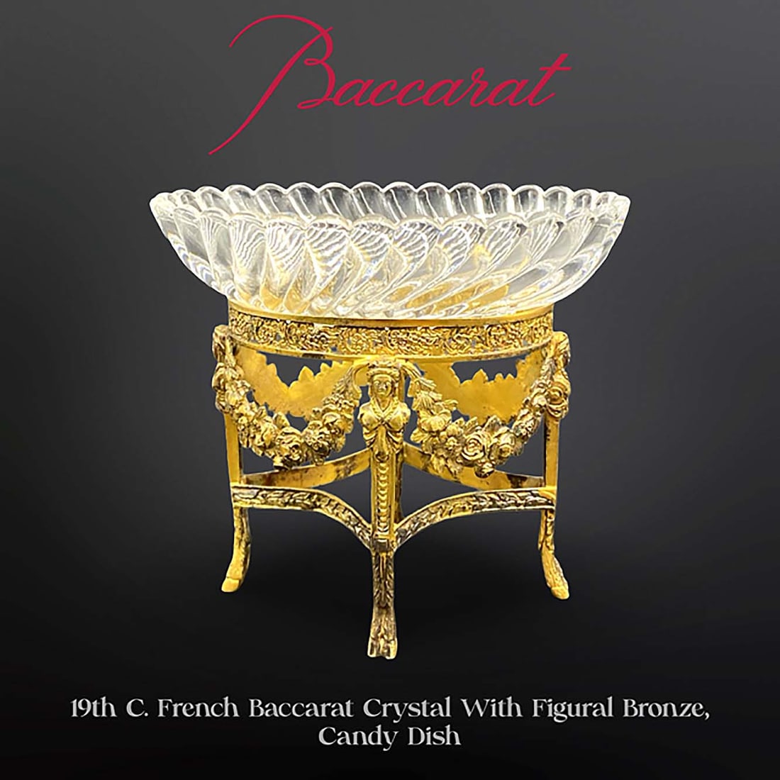 19th C. French Baccarat Crystal Figural Bronze Candy Dish/Centerpiece: 19th C. French Baccarat Crystal Figural Bronze Candy Dish/Centerpiece. H 5.4" x L 5.8" x W 4"