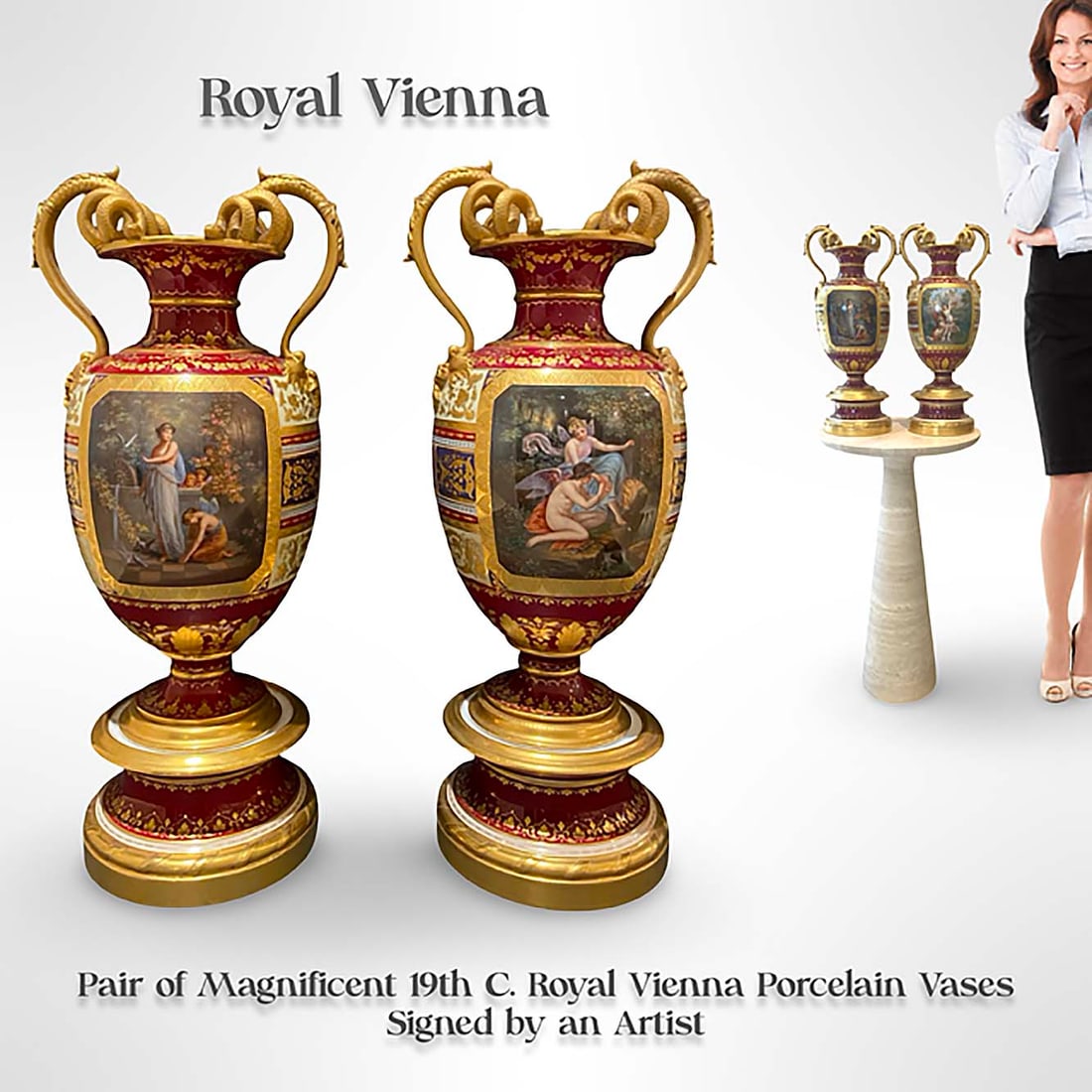 A Pair of Magnificent 19th C. Royal Vienna Hand Painted Vases, Signed & Hallmarked: A Pair of Magnificent 19th C. Royal Vienna Hand Painted Porcelain Vases, Signed by an Artist, Hallmarked. Note: The pedestal is NOT included. H 17" x L 7.25" x W 6.25"