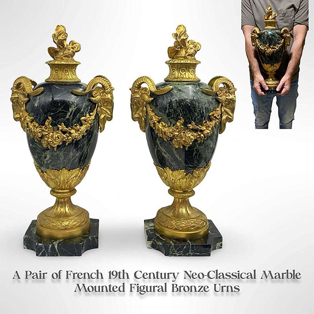 A Pair of 19th C. French Neo-Classical Green Marble Figural Bronze Urns: A Pair of 19th Century French Neo-Classical Green Marble Mounted Figural Bronze Urns. H 19" x L 9" x W 8"