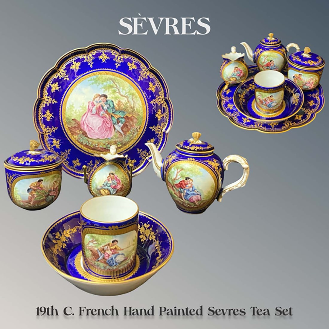 19th C. French Sevres Hand Painted Porcelain Tea Set, Hallmarked: 19th C. French Sevres Hand Painted Porcelain Tea Set, Hallmarked. Measurements: H 5.5" (tallest item), L 8.75" (Tray diameter)