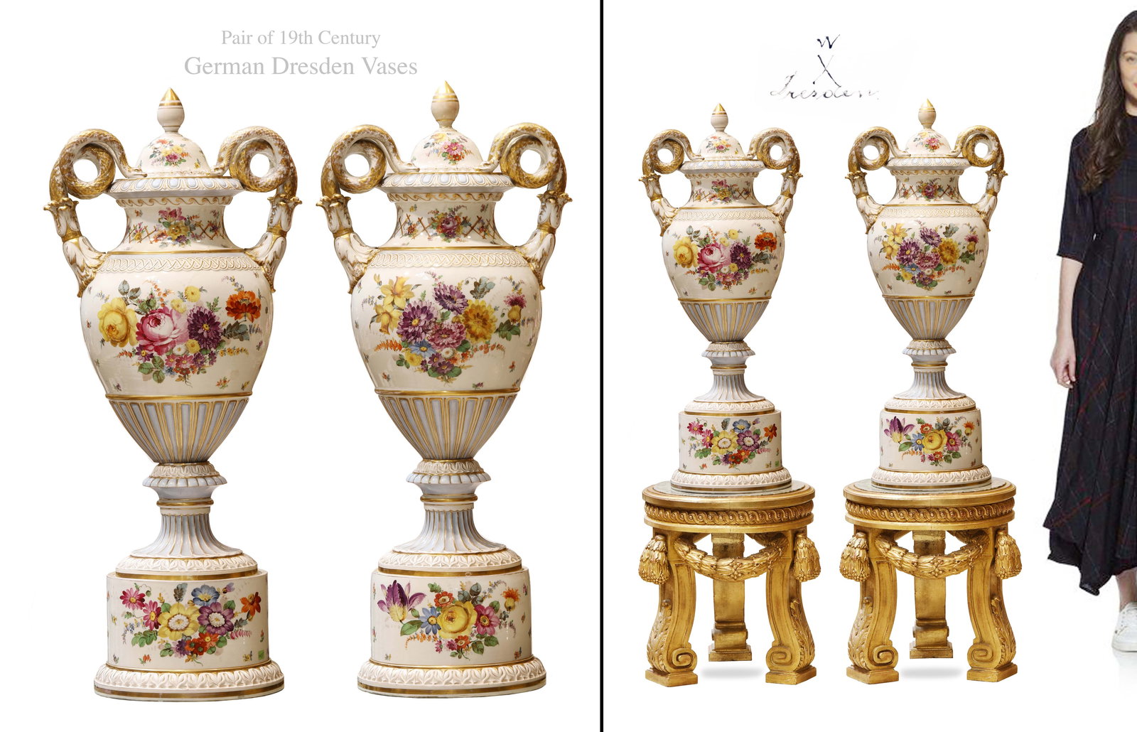 A Pair Of Large 19th C. German Dresden Hand Painted Vases: A Pair Of Large 19th Century German Dresden Hand Painted Porcelain Vases. Note: The pedestals are NOT included! H 36"
