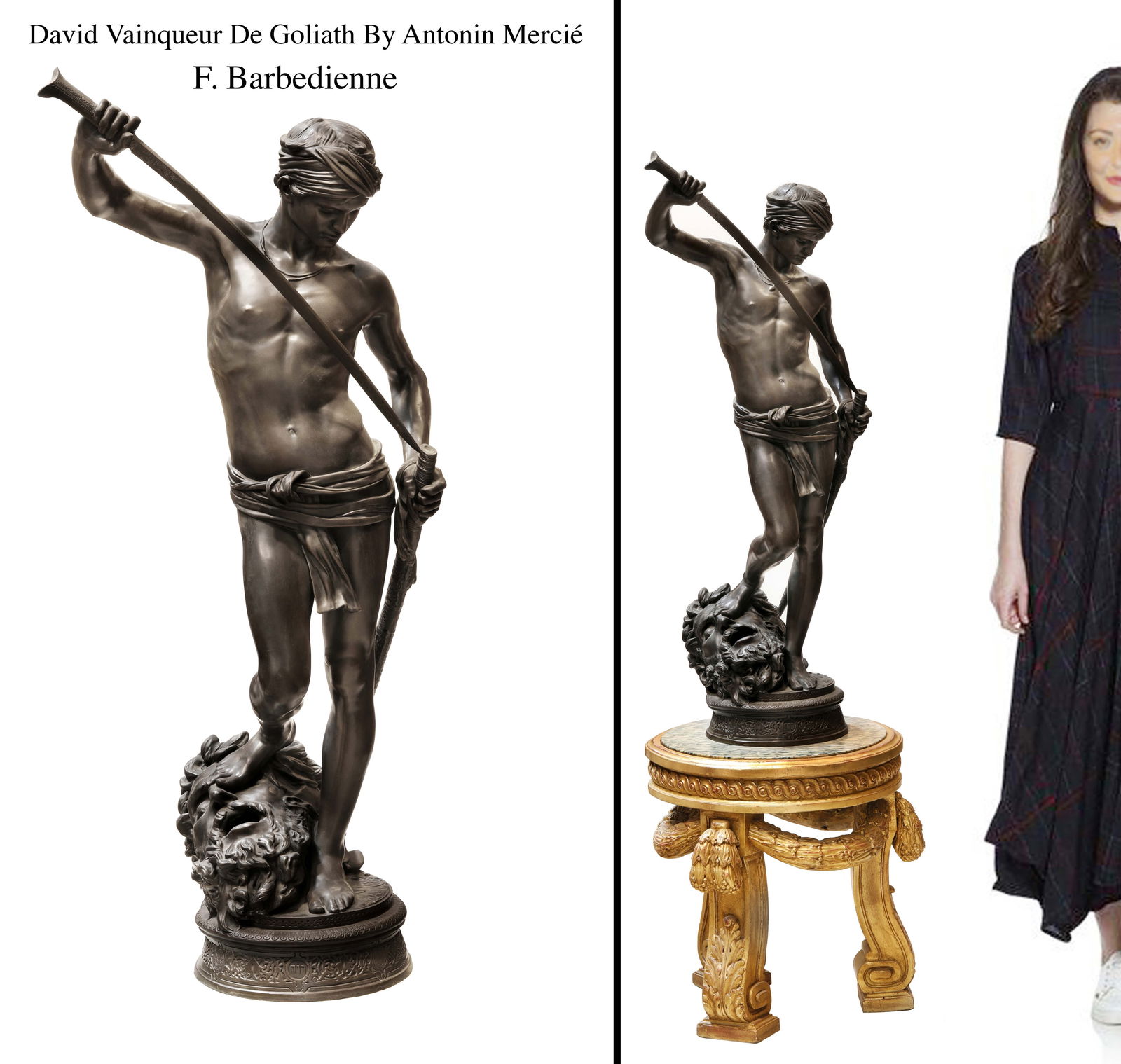 David & Goliath, Large 19th C. French Barbedienne Bronze Sculpture, Antonin Mercie Signed: David & Goliath, A Large 19th Century French Barbedienne Bronze Statue, Antonin Mercie Signed. H 37", Note: The base is NOT included!