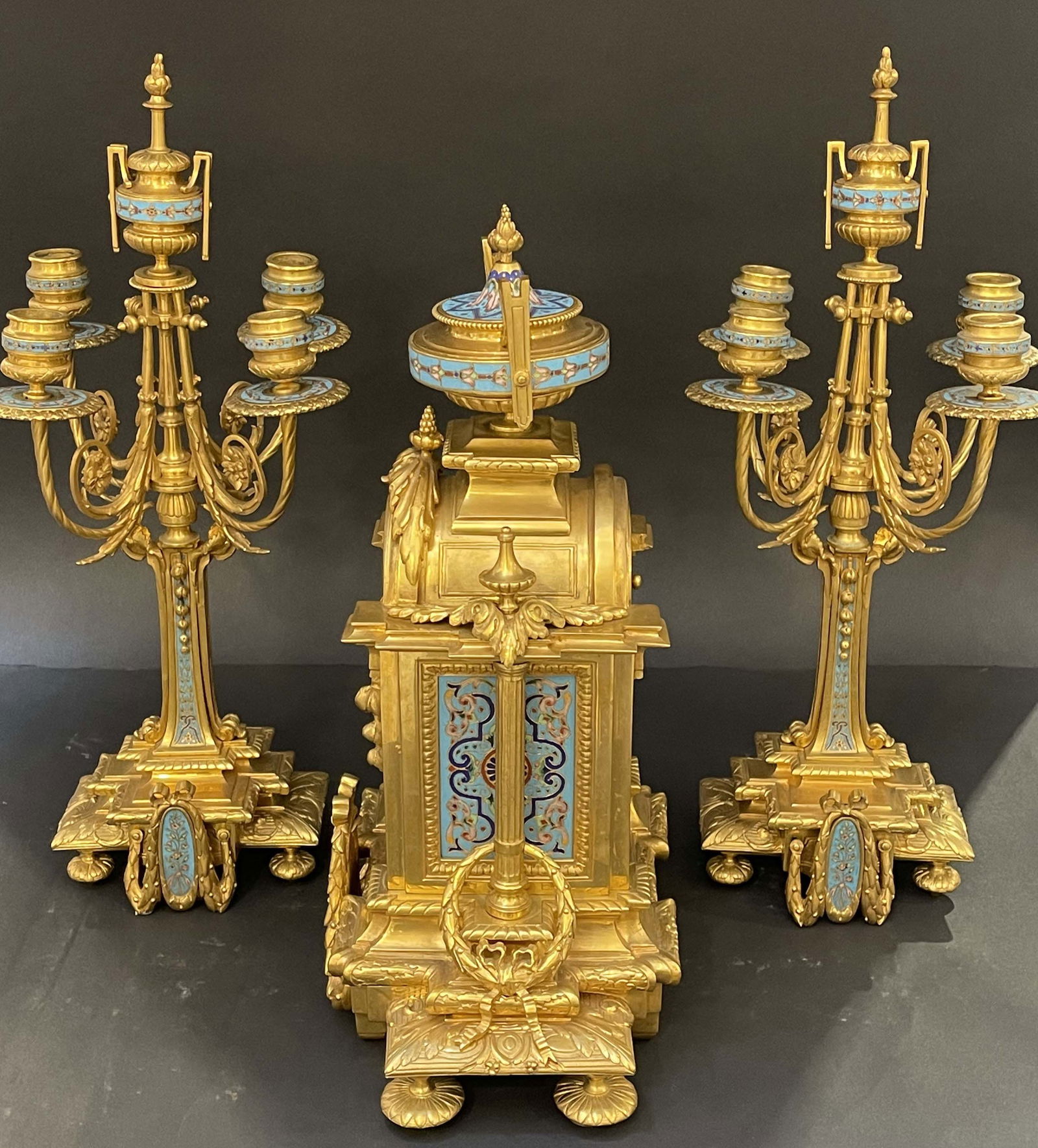 19th C. Tiffany & Co. Bronze Champleve Clock Set - 6